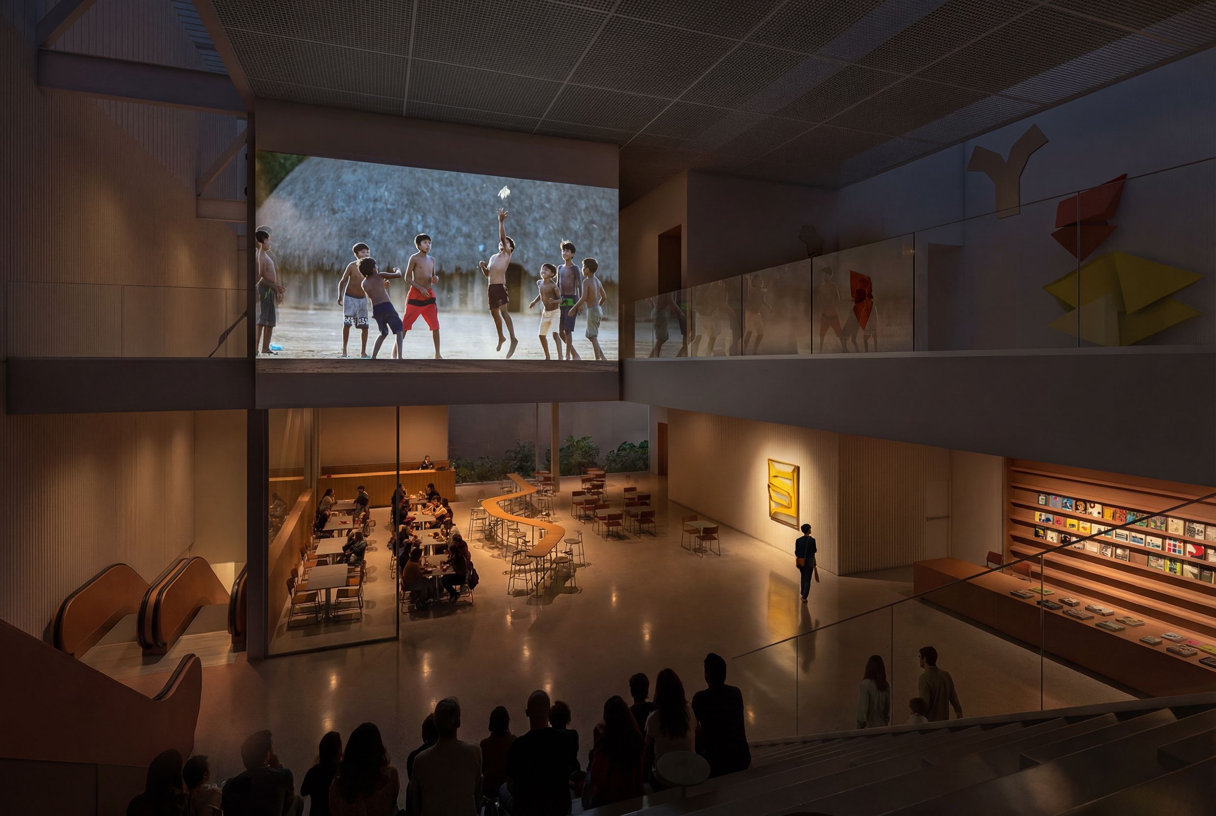 Imagem feita em 3D com uma sala expandida, com um p&eacute; direito alto, no qual em cima h&aacute; uma exibi&ccedil;&atilde;o de um filme e, embaixo, h&aacute; pessoas sentadas.