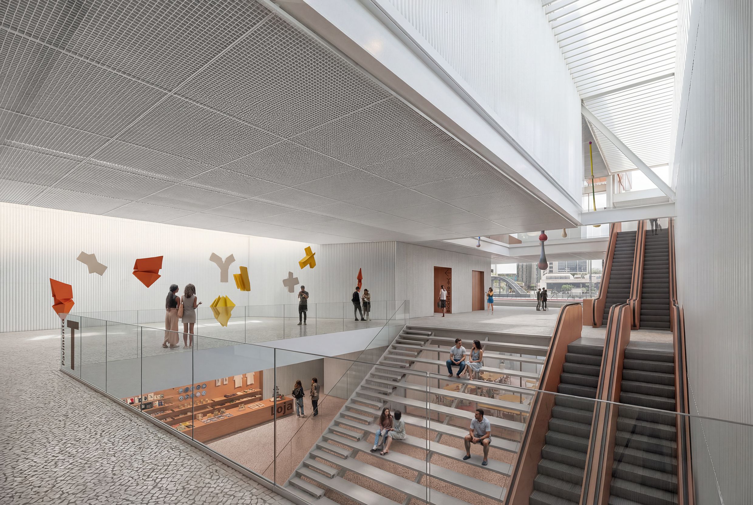 Simula&ccedil;&atilde;o do interior do novo edif&iacute;cio do Ita&uacute; Cultural. Um v&atilde;o abriga escadas que comunicam os n&iacute;veis. No piso abaixo, funciona uma loja. Visitantes circulam pelas &aacute;reas ou sentam nos degraus. Elementos de arte com cores como o amarelo e o laranja decoram a parede. Uma claraboia no teto permite a entrada de luz.