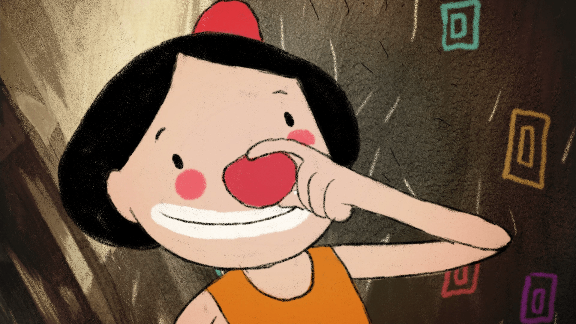Ilustra&ccedil;&atilde;o em estilo de anima&ccedil;&atilde;o que mostra um personagem sorridente, com cabelos pretos e bochechas rosadas, tocando um nariz de palha&ccedil;o vermelho. Ele usa uma roupa laranja e um pequeno chap&eacute;u vermelho no topo da cabe&ccedil;a. O fundo &eacute; escuro e texturizado, decorado com desenhos coloridos de formas geom&eacute;tricas quadradas.