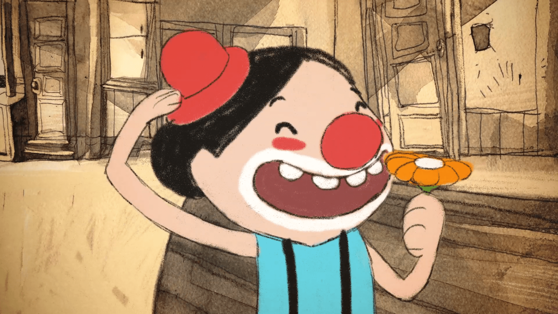 Ilustra&ccedil;&atilde;o em estilo de anima&ccedil;&atilde;o de um personagem sorridente de palha&ccedil;o com nariz vermelho, segurando uma flor laranja e ajustando seu pequeno chap&eacute;u vermelho. Ele veste uma blusa azul com al&ccedil;as escuras e expressa alegria com a boca aberta mostrando os dentes. O cen&aacute;rio ao fundo retrata uma rua ou vila em tons de s&eacute;pia com tra&ccedil;os de desenho.
