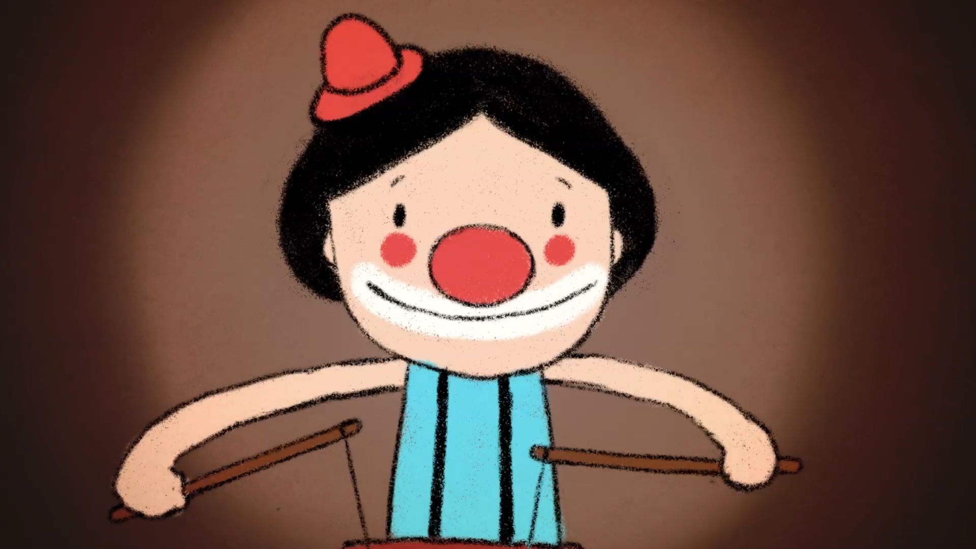 Ilustração em estilo de animação de um personagem palhaço sorridente, com cabelos pretos e um mini chapéu vermelho. Ele veste uma roupa azul claro com alças pretas e segura duas baquetas de madeira, prestes a tocar um tambor. O fundo da cena possui um tom marrom escuro com uma iluminação circular suave e centralizada. Ilustração em estilo de animação de um personagem palhaço sorridente, com cabelos pretos e um mini chapéu vermelho. Ele veste uma roupa azul claro com alças pretas e segura duas baquetas de madeira, prestes a tocar um tambor. O fundo da cena possui um tom marrom escuro com uma iluminação circular suave e centralizada.