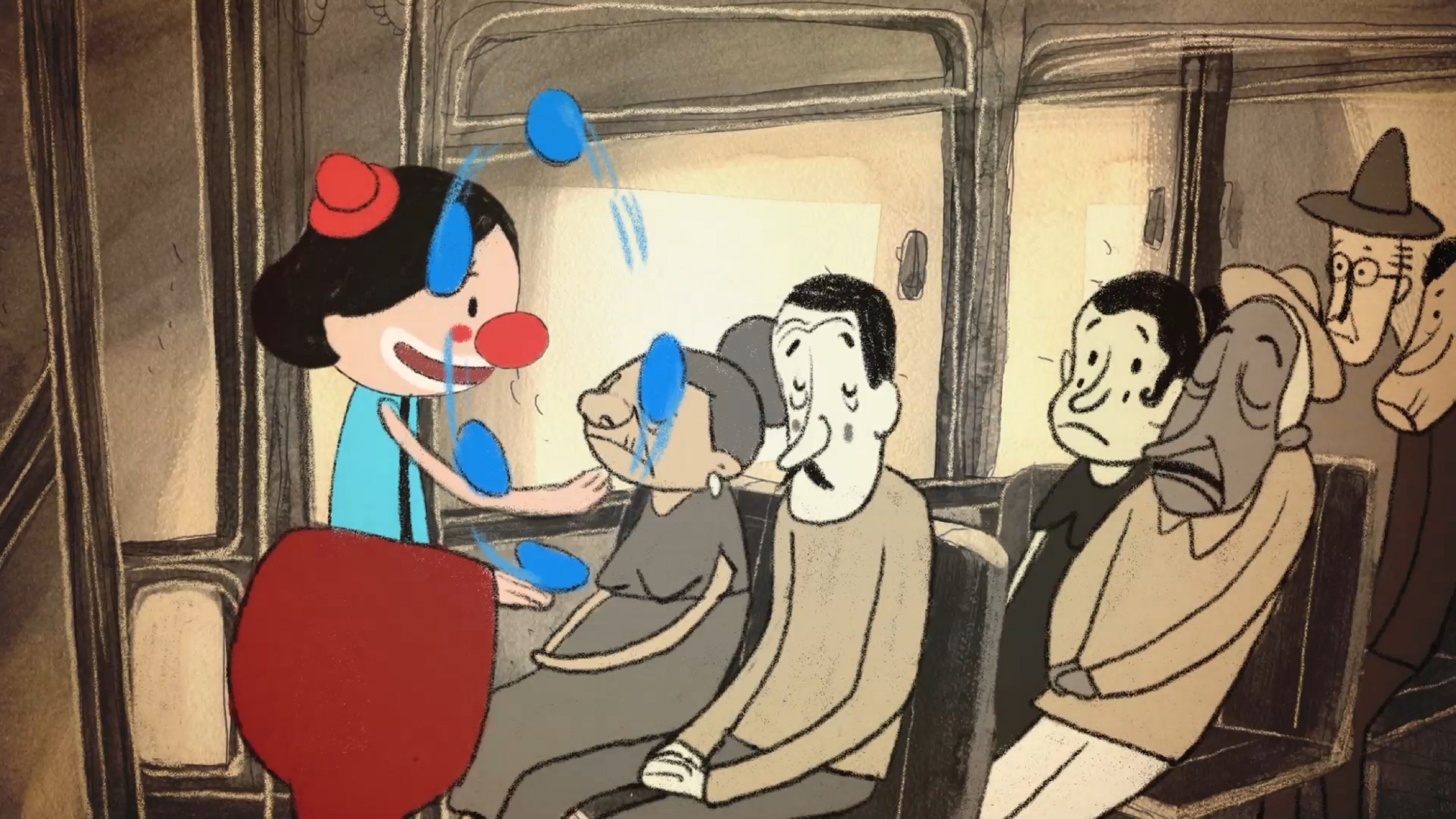 A imagem mostra um palha&ccedil;o colorido fazendo malabarismo com gotas azuis dentro de um transporte p&uacute;blico. O cen&aacute;rio e os passageiros s&atilde;o retratados em tons cinzentos e express&otilde;es melanc&oacute;licas, criando um forte contraste visual com a vivacidade da artista.