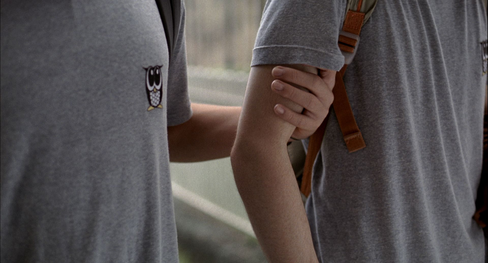 Dois adolescentes brancos, vestindo camisetas cinzas, caminham de bra&ccedil;os dados. Um deles usa mochila marrom. Fundo desfocado com tons claros.