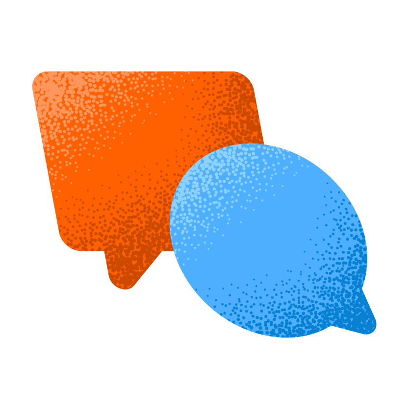 Ilustra&ccedil;&atilde;o com dois bal&otilde;es de conversa, um laranja e um azul.