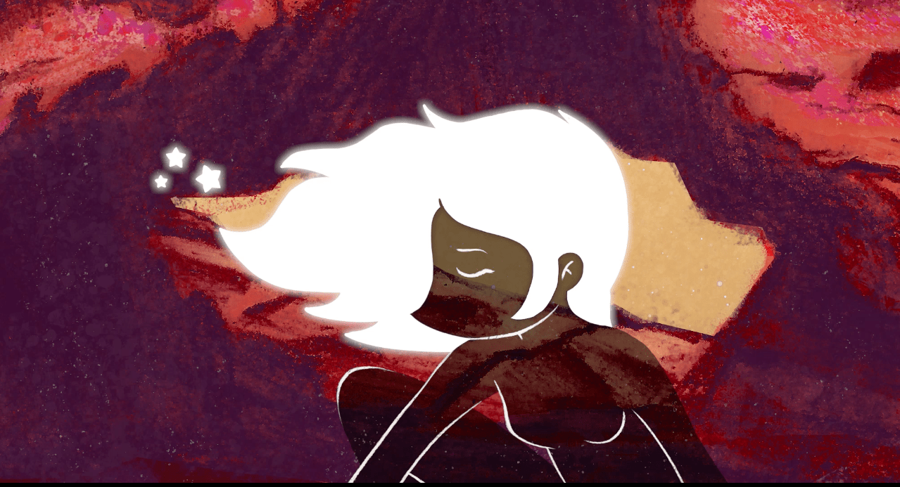 A personagem aparece de olhos fechados, em uma pose serena e contemplativa.Pequenas estrelas luminosas flutuam ao lado de seus cabelos brancos. O fundo abstrato mistura tons intensos de roxo, vermelho, rosa e dourado.