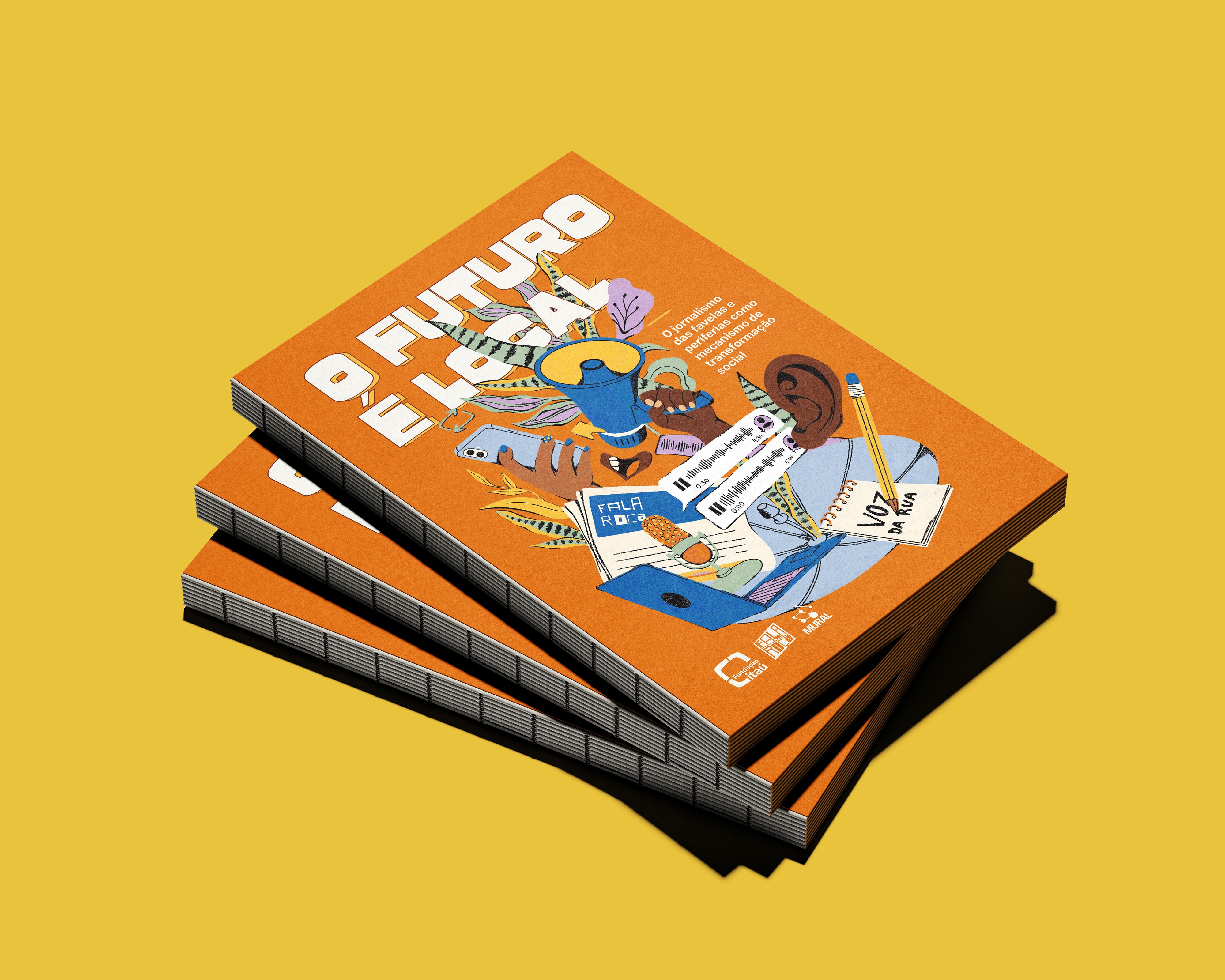 Mockup gráfico tridimensional sobre fundo amarelo-ouro, exibindo uma pilha de três exemplares impressos de um livro ou publicação.
A capa do livro é predominantemente alaranjada e traz, no canto superior esquerdo, o título em grandes letras brancas e estilizadas: