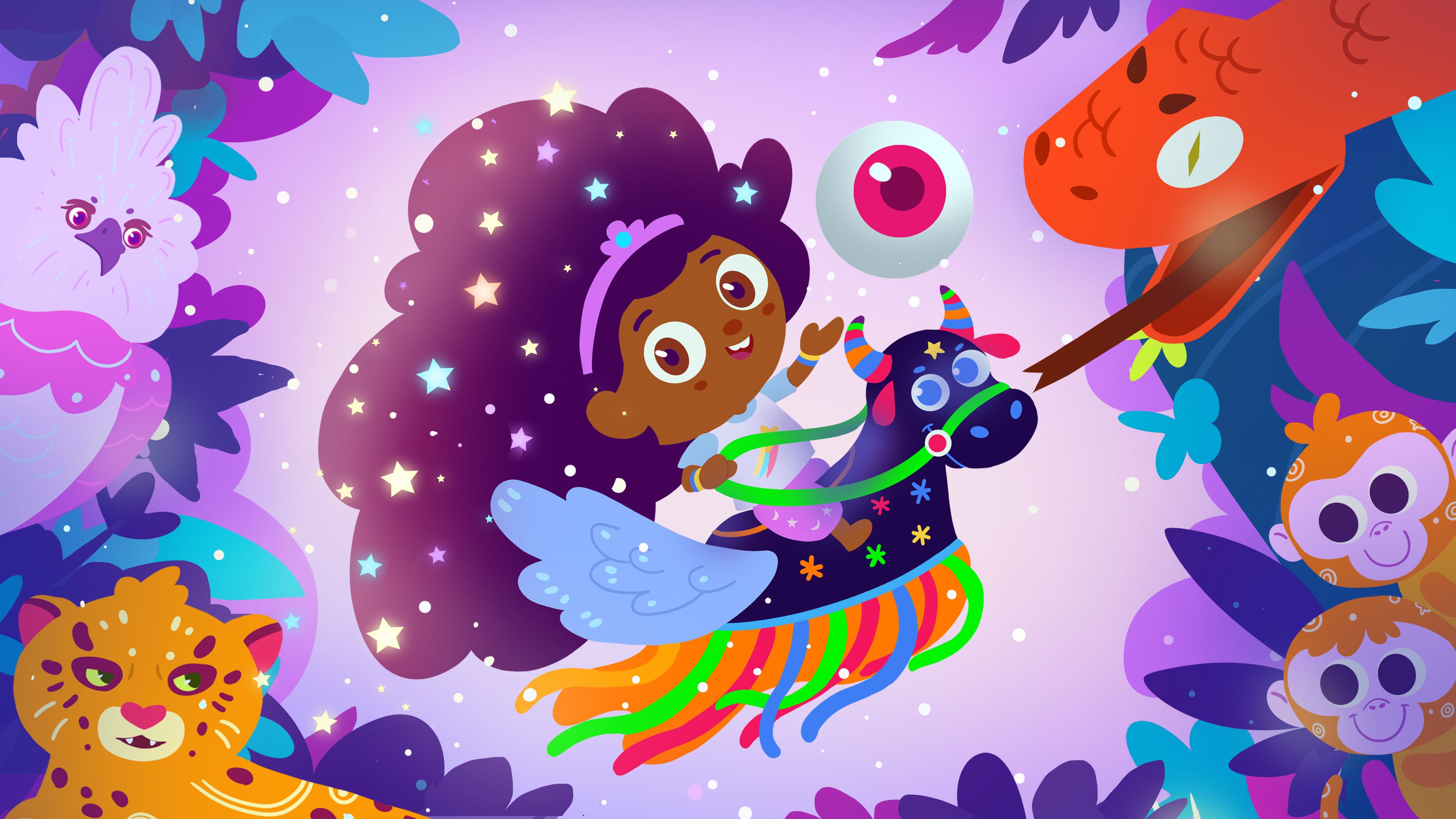 Uma menina com cabelo roxo estrelado abraça um animal colorido, flutuando em um céu lilás. Ao redor, animais fantásticos, como macacos e uma serpente. Uma menina com cabelo roxo estrelado abraça um animal colorido, flutuando em um céu lilás. Ao redor, animais fantásticos, como macacos e uma serpente.