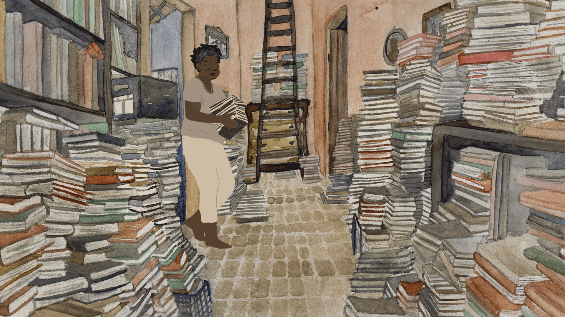 Cena em anima&ccedil;&atilde;o que retrata uma mulher negra, vestida de branco, segurando livros em meio a pilhas de publica&ccedil;&otilde;es que ocupam um espa&ccedil;o estreito, repleto de estantes. A composi&ccedil;&atilde;o apresenta tra&ccedil;os de aquarela em tons suaves e terrosos.