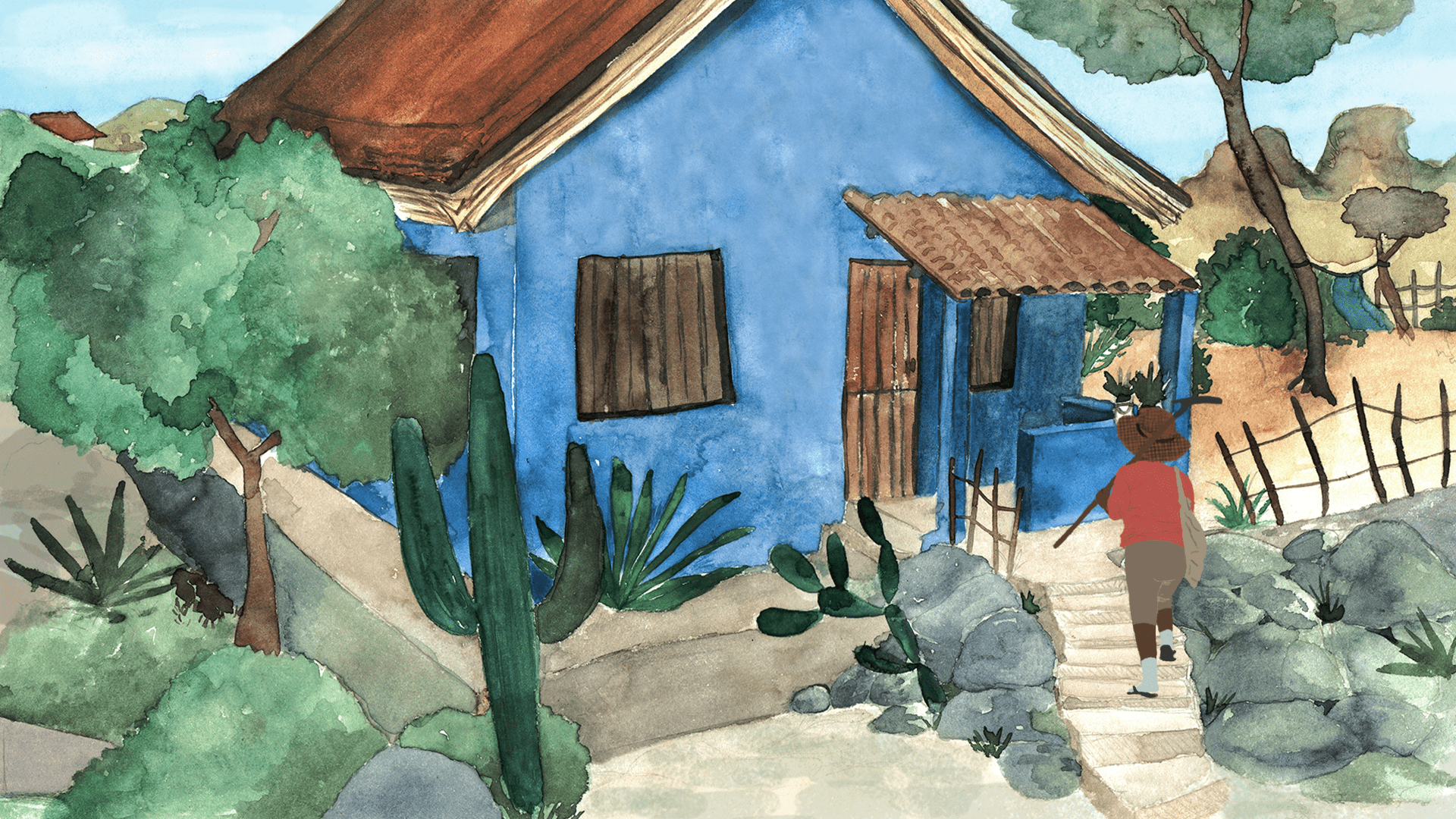 Cena em anima&ccedil;&atilde;o que retrata uma pessoa subindo uma escadaria em dire&ccedil;&atilde;o a uma casa azul de telhado de barro, cercada por &aacute;rvores, cactos e pedras. A composi&ccedil;&atilde;o em aquarela apresenta cores vibrantes e uma paisagem rural.