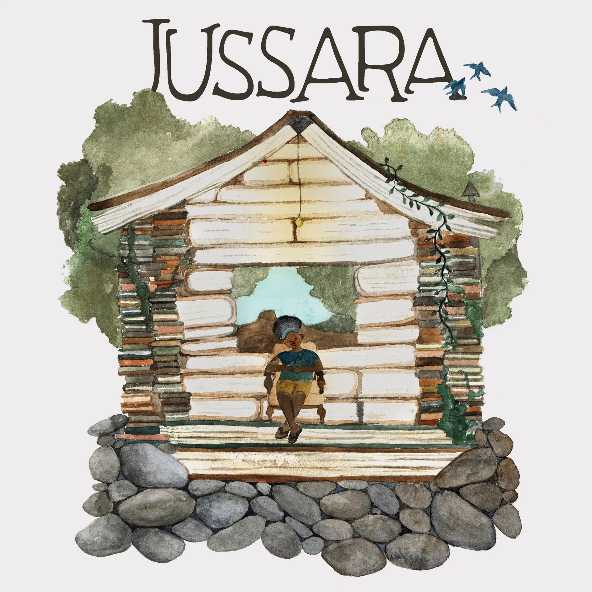 O p&ocirc;ster apresenta uma ilustra&ccedil;&atilde;o em aquarela de uma casa r&uacute;stica de madeira, cercada por &aacute;rvores e pedras, com uma personagem sentada &agrave; entrada e p&aacute;ssaros ao c&eacute;u. Em fundo claro, destaca-se o t&iacute;tulo &ldquo;Jussara&rdquo;.