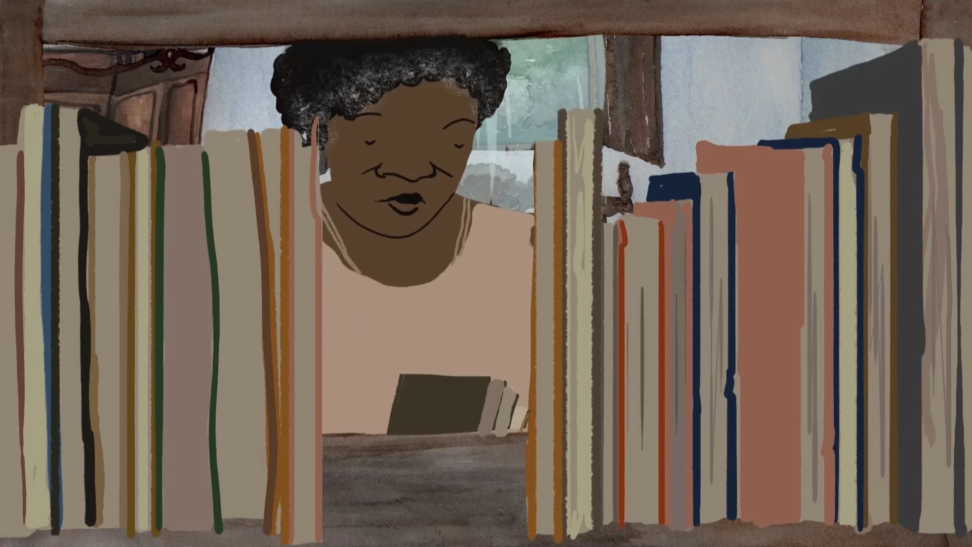 Cena em anima&ccedil;&atilde;o mostra uma mulher negra concentrada na leitura de um livro, vista entre fileiras de livros em uma estante.