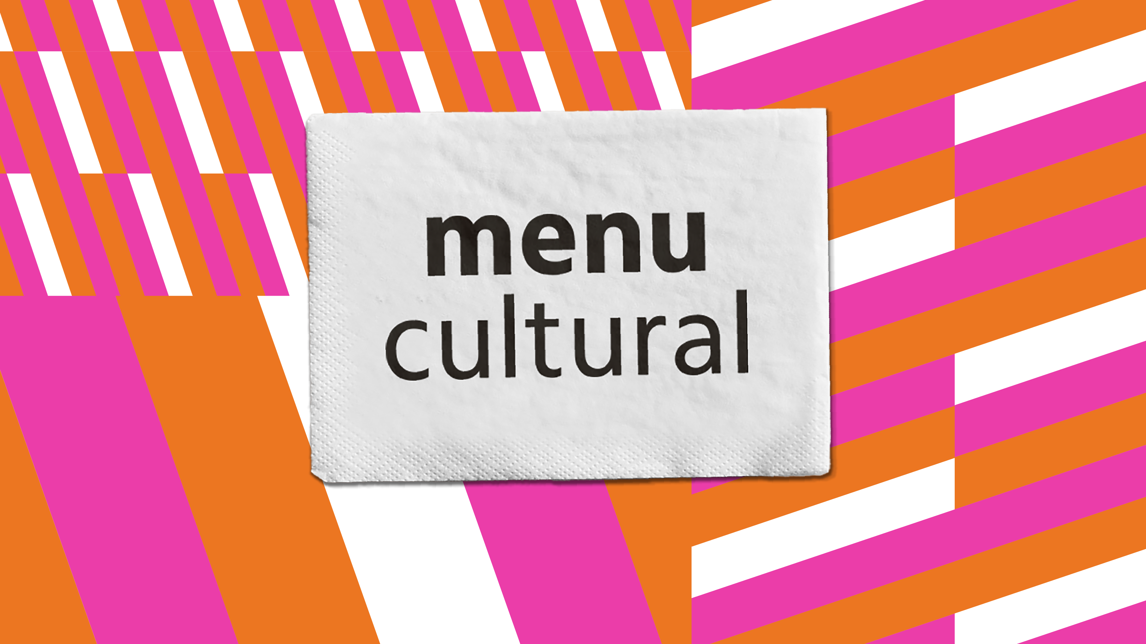 Uma imagem com a palavra menu cultural e varios formatos brancos, rosas e laranjas