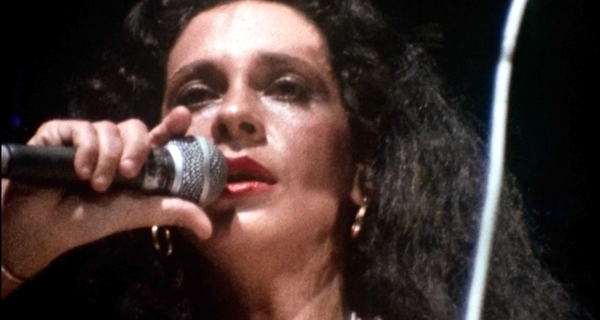 Na imagem está uma mulher de cabelos escuros e volumosos. Ela usa batom vermelho e segura um microfone próximo ao rosto. 