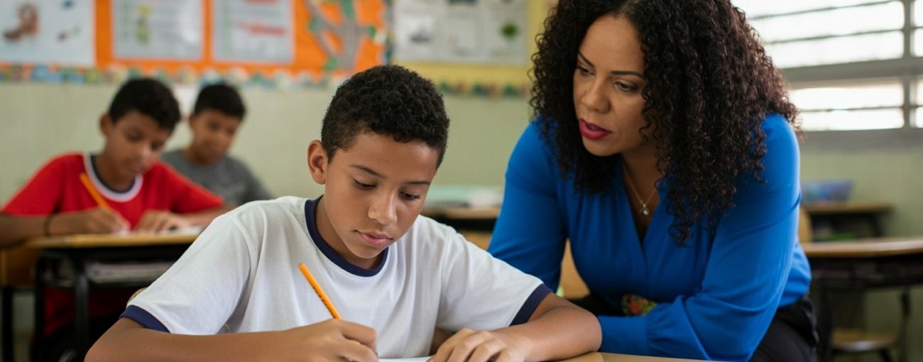 Um adolescente, negro, de cabelo curto, cacheado. Ele veste uma camiseta branca, com detalhes em azul escuro na manga e na gola. O menino está sentado em uma sala de aula enquanto escreve em um caderno. Ao seu lado está a professora, uma mulher negra, de cabelos cacheados e longos, vestindo uma camisa azul. Ao fundo estão outros adolescentes na sala de aula.