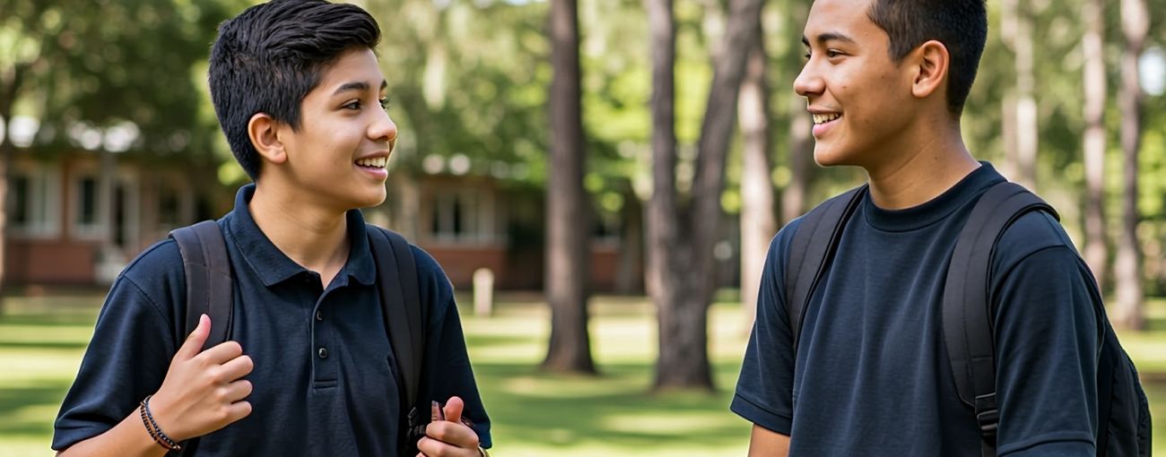 Dois jovens em um cenário ao ar livre, ao fundo estão um prédio de uma escola e algumas arvores. Em foco, a esquerda, está um menino branco de cabelos lisos, curto e preto, vestindo uma camiseta azul escuro. Do lado direito está o outro jovem pardo, de cabelos lisos, curtos e preto, vestindo uma camiseta azul escuro. Ambos estão sorrindo e conversando.