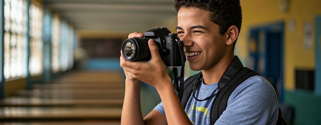 Um menino de pele negra clara, de cabelos ondulados e curto, vestindo uma camiseta azul claro e com uma mochila nas costa. Ele está segurando uma câmera fotográfica. Ao fundo, está um cenário com algumas mesas e cadeiras e outros elementos que caracterizam um ambiente escolar.