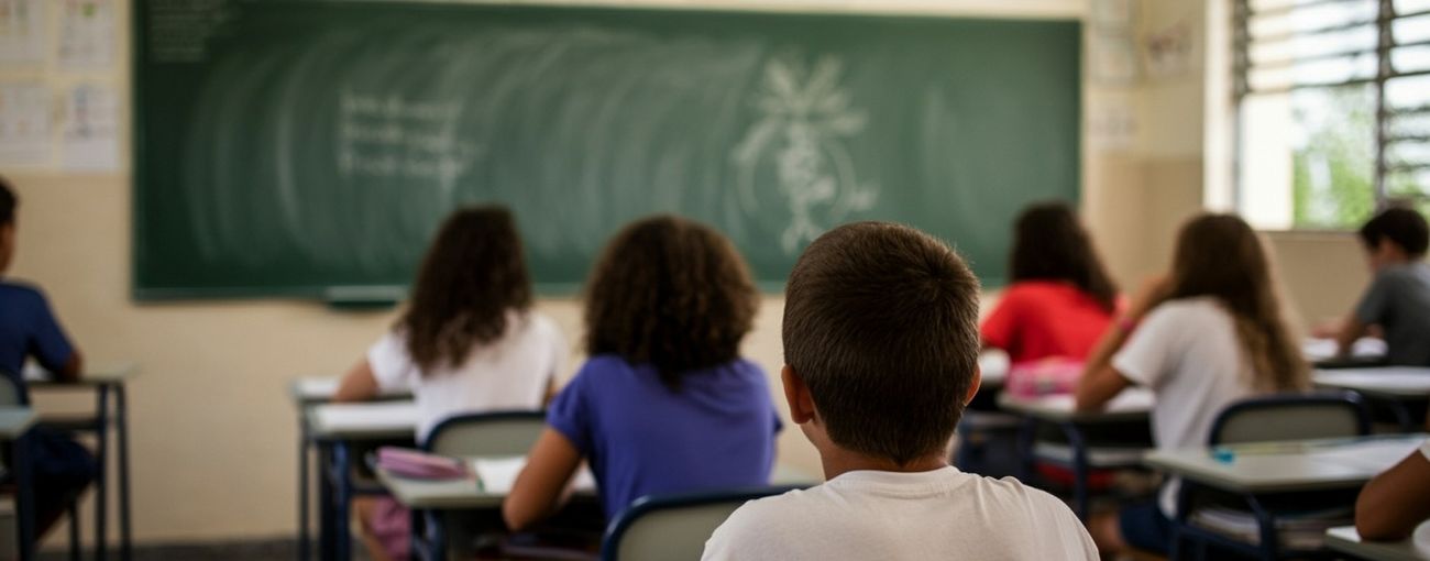 Em foco está um menino branco, com cabel curto, liso e preto, vestindo uma camiseta branca. Ele esta sentado em uma sala de aula de costas para o observador enquanto olha em direção da lousa da sala de aula.