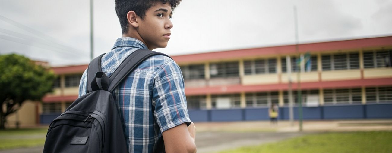 Um jovem, negro, de cabelo curto, ondulado e preto, vestindo uma camiseta com listras azuis e brancas. Ele está com uma mochila nas costas, em um ambiente ao ar livre olhando para o lado direito. Ao fundo está o prédio de uma escola.