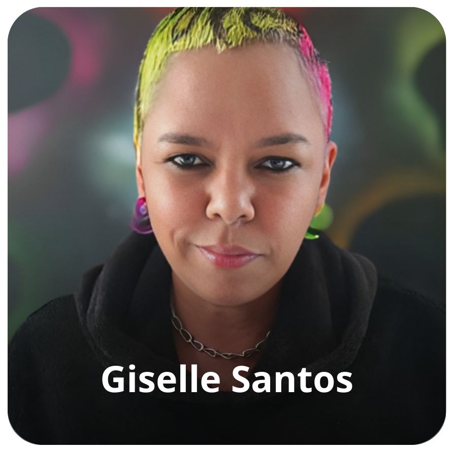 Giselle Santos &eacute; uma mulher negra, de cabelos curtos e colorido e tons de amarelo, preto e rosa. Ela veste um moletom preto, umas brincos verdes e rosa nas orelhas. Ao fundo est&aacute; um parede preta com grafismos de diversas cores. 