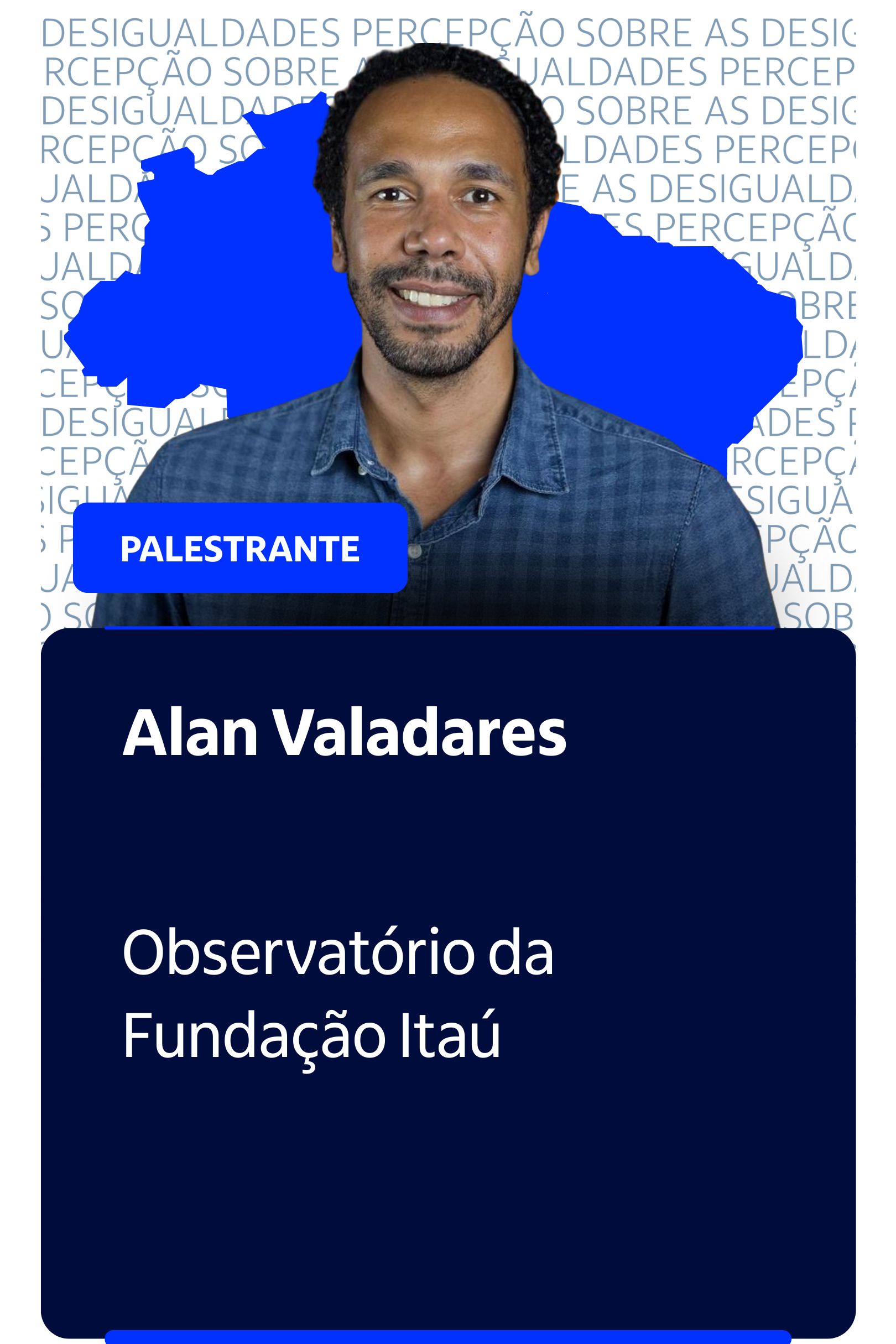A imagem &eacute; um cart&atilde;o de divulga&ccedil;&atilde;o digital. A metade superior mostra uma foto de um homem, Alan Valadares, sorrindo. Ele &eacute; um homem negro, tem cabelos curtos e cacheados, barba e veste uma camisa jeans azul. Ao fundo, h&aacute; um padr&atilde;o de texto repetido em cinza claro com a frase 