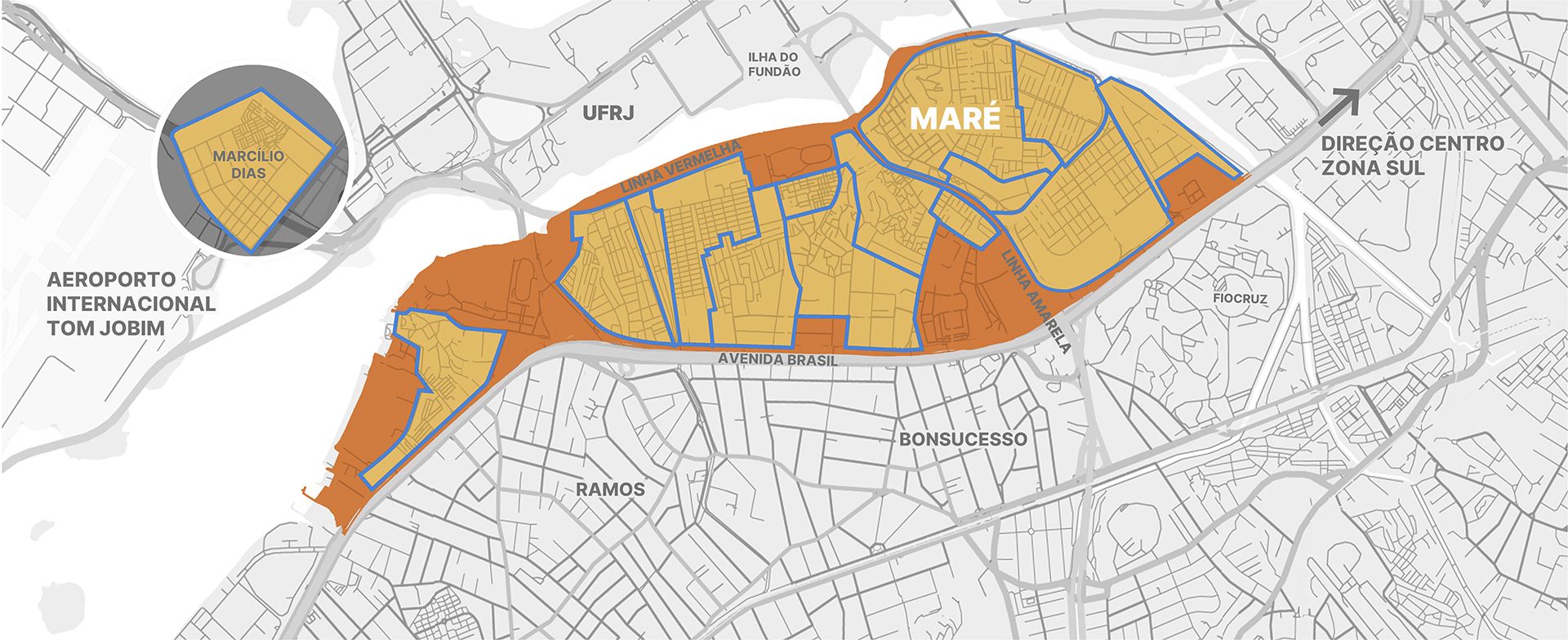 A imagem &eacute; um mapa em tons de cinza de uma &aacute;rea do Rio de Janeiro, com algumas partes destacadas em laranja e amarelo. O mapa mostra a localiza&ccedil;&atilde;o da Mar&eacute; em rela&ccedil;&atilde;o a outros pontos da cidade.
Em destaque no mapa est&aacute; a regi&atilde;o da Mar&eacute;, identificada em amarelo e contornada por uma linha azul. Esta &aacute;rea &eacute; atravessada por duas importantes vias expressas, a Linha Vermelha (ao norte) e a Linha Amarela (ao leste). Ao sul, a Avenida Brasil delimita a comunidade.
Outros pontos de refer&ecirc;ncia vis&iacute;veis no mapa s&atilde;o a UFRJ (Universidade Federal do Rio de Janeiro) e a Ilha do Fund&atilde;o ao norte da Linha Vermelha, o bairro de Ramos e Bonsucesso ao sul da Mar&eacute;, e a Fiocruz (Funda&ccedil;&atilde;o Oswaldo Cruz) a leste da Linha Amarela.
H&aacute; tamb&eacute;m uma seta grande no canto superior direito, indicando a Dire&ccedil;&atilde;o Centro Zona Sul.
No canto superior esquerdo, h&aacute; um detalhe ampliado da comunidade de Marc&iacute;lio Dias, tamb&eacute;m identificada com um contorno azul. Esta &aacute;rea se encontra pr&oacute;xima ao Aeroporto Internacional Tom Jobim.
As &aacute;reas ao redor da Mar&eacute;, como os bairros pr&oacute;ximos e as vias, s&atilde;o mostradas em tons de cinza claro, enquanto a Mar&eacute; e as vias que a cercam s&atilde;o destacadas em laranja e amarelo.