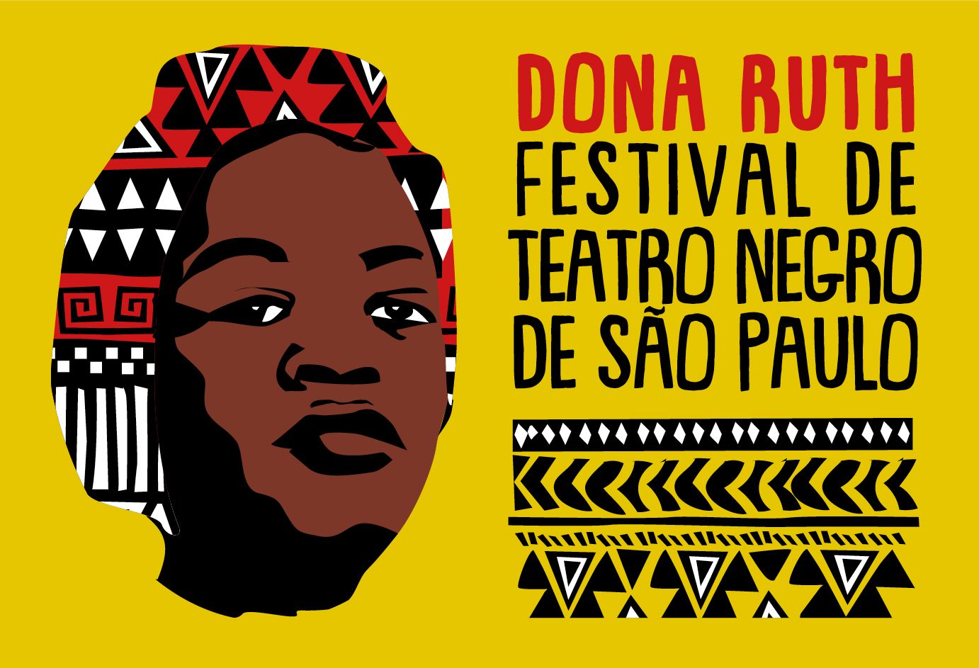 Cartaz com fundo amarelo. À esquerda, a ilustração do rosto de uma mulher negra que usa um turbante com estampas geométricas. À direita, o texto 