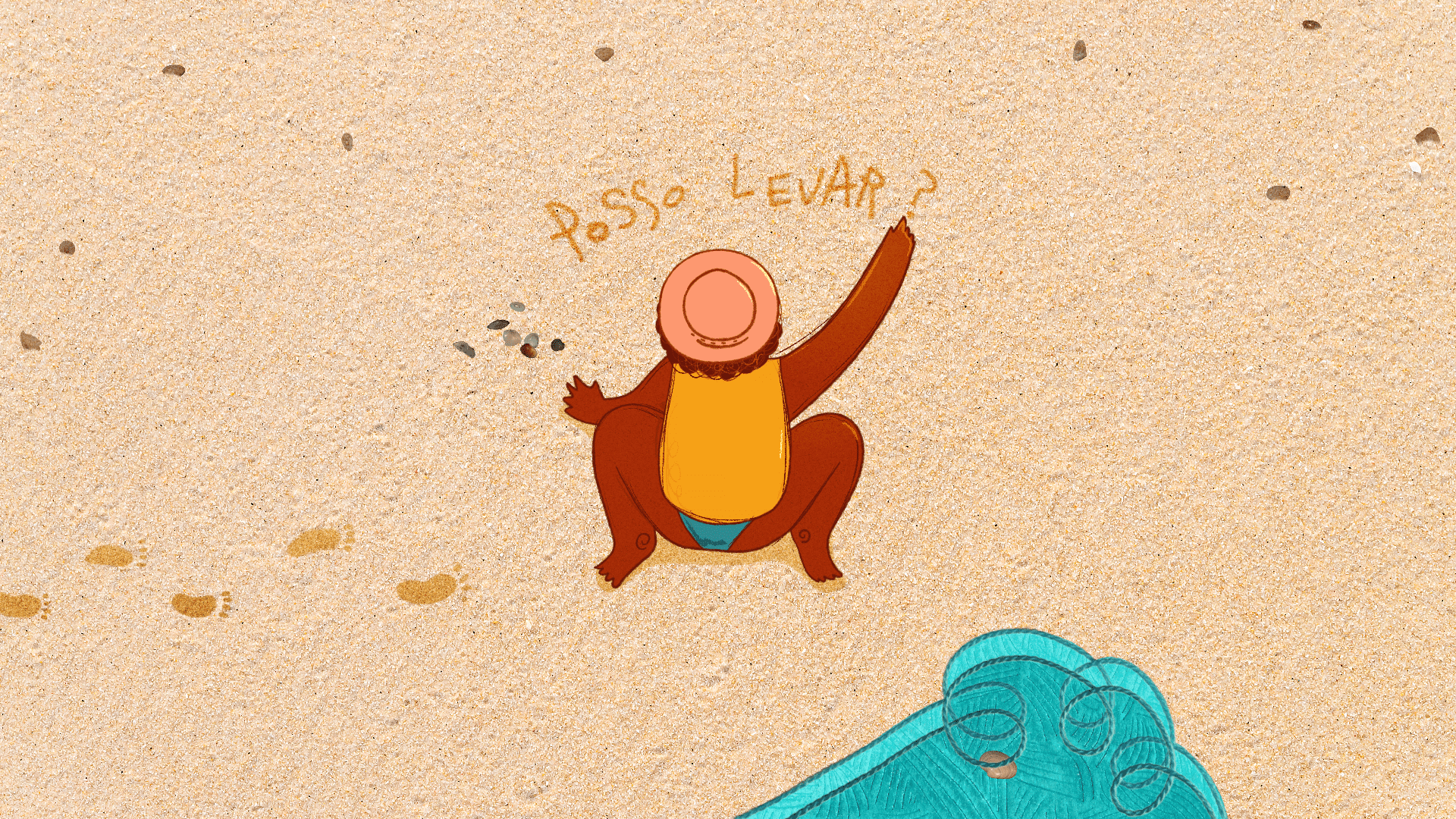Essa é uma ilustração de uma imagem na praia, onde ao centro há o desenho de uma adulta negra que veste uma blusa amarela, biquini azul e chapéu. Ela está abaixada sobre a areia e escreve com o dedo "posso levar?". Ao seu lado esquerdo, há as marcas de sua pegada. Ao lado direito, há somente areia, sem marcas. Na inferior central, há um desenho em azul que remete a uma onda do mar "invadindo" a imagem, bem de leve. 