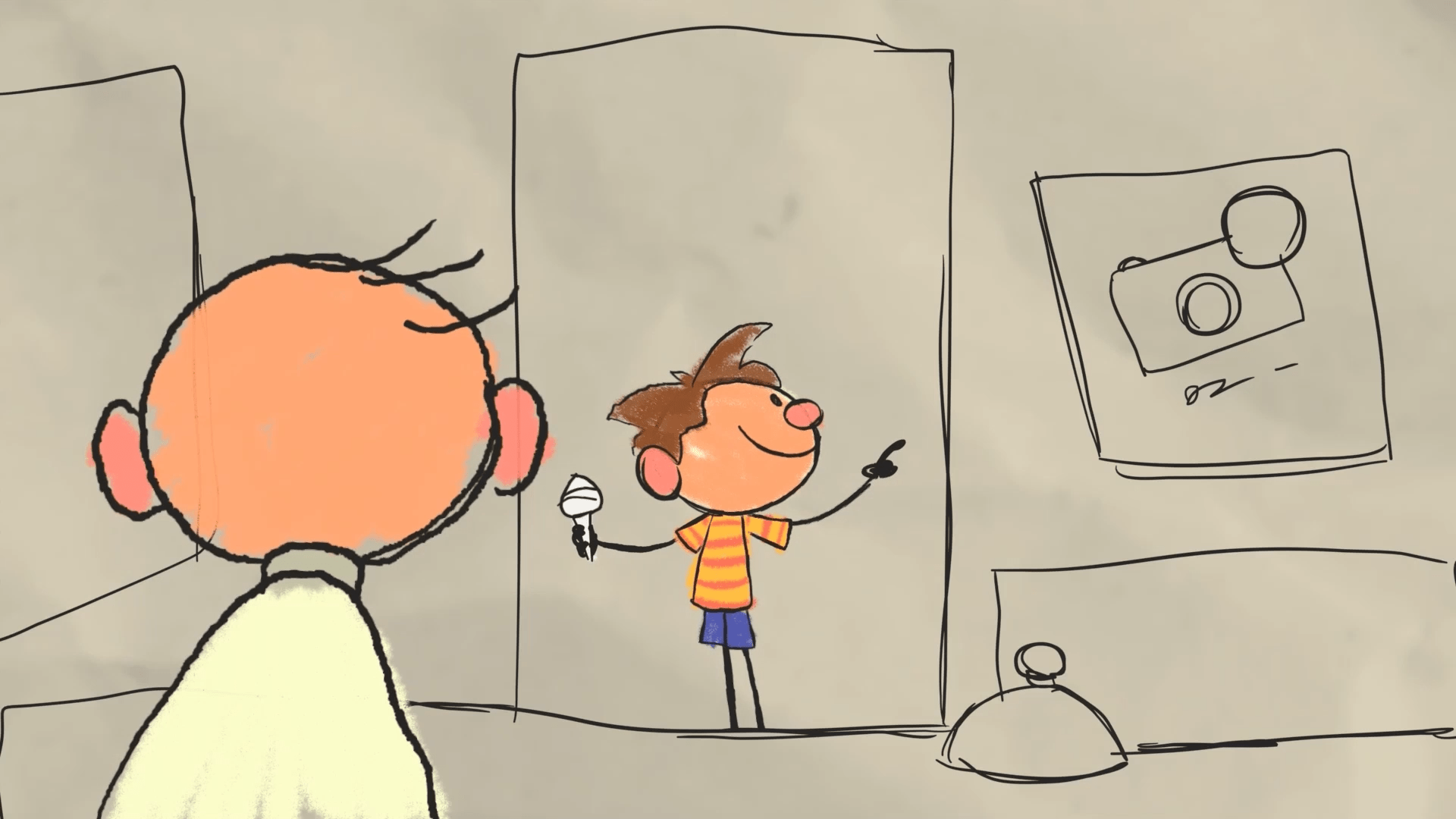 No desenho, há um menino segurando um sorvete. Ele tem cabelo castanho, blusa amarela e laranja e bermuda jeans. De costas, olhando para o garoto, há um senhor.