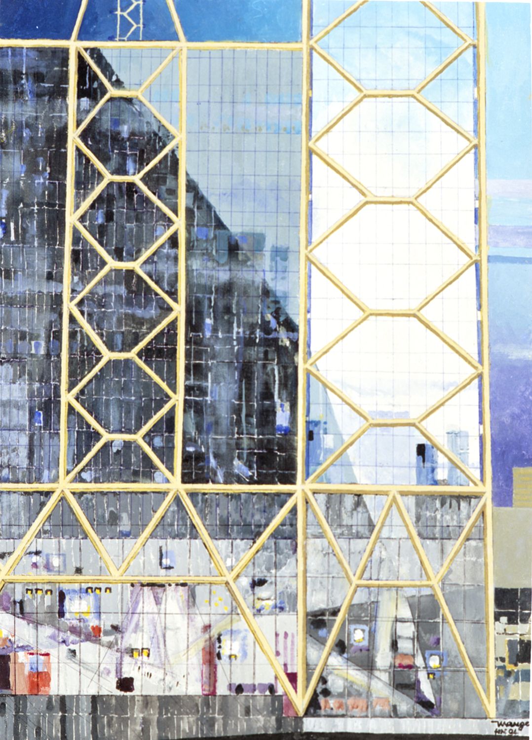 Estudo da fachada do Itaú Cultural composta por formas geométricas que se sobrepõem. As cores são vibrantes e contrastantes. A estrutura sugere um plano abstrato com janelas ou painéis integrados à composição geométrica..