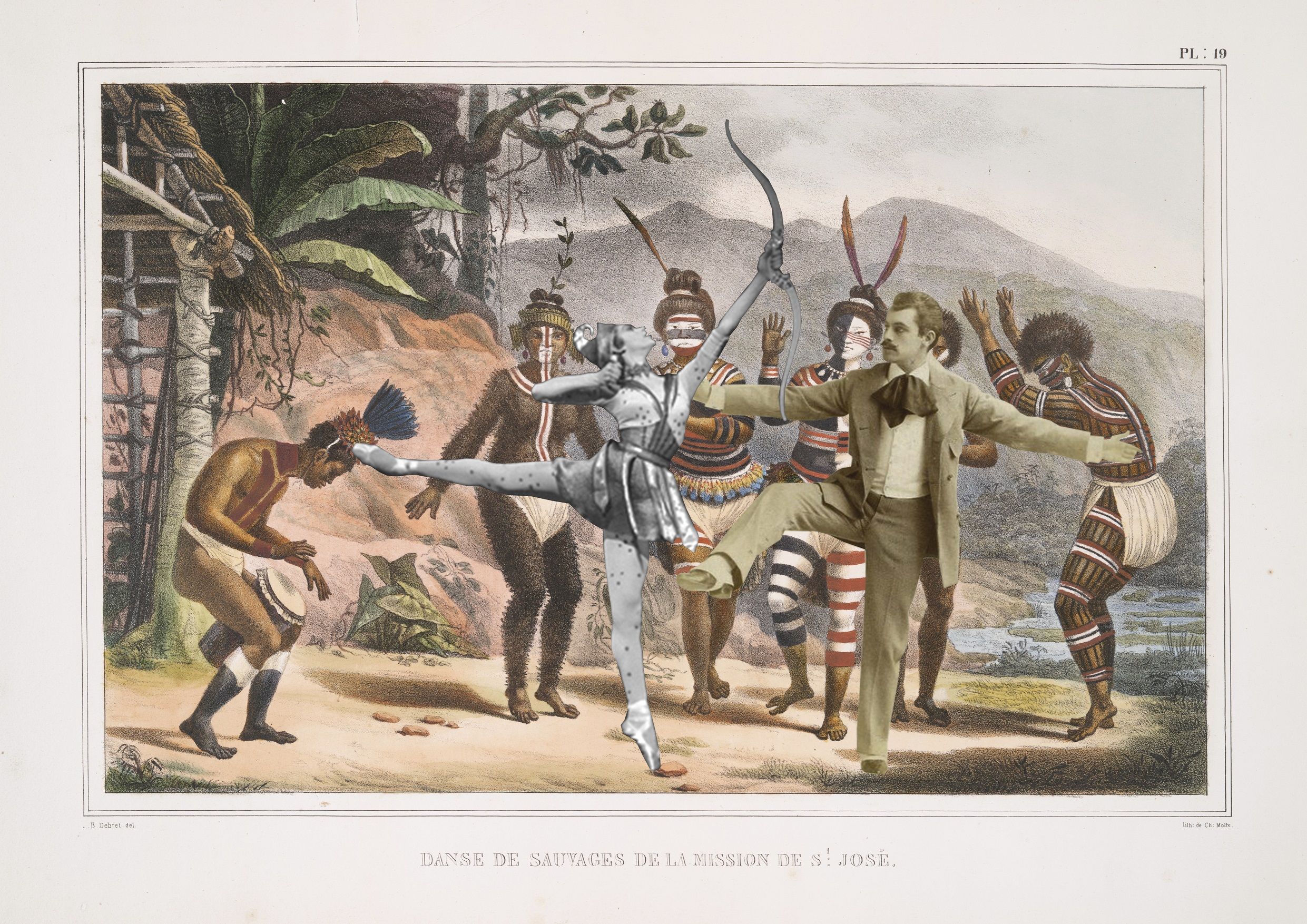 Montagem do artista Denilson Baniwa a partir de uma imagem antiga, no qual há indígenas dançando em roda. A montagem se dá a partir da inserção de duas personagens europeus dançando ao centro da roda, uma bailarina em trajes típicos, e um homem com bigode e utilizando terno, como se estivessem participando da roda mencinoada anteriormente.
