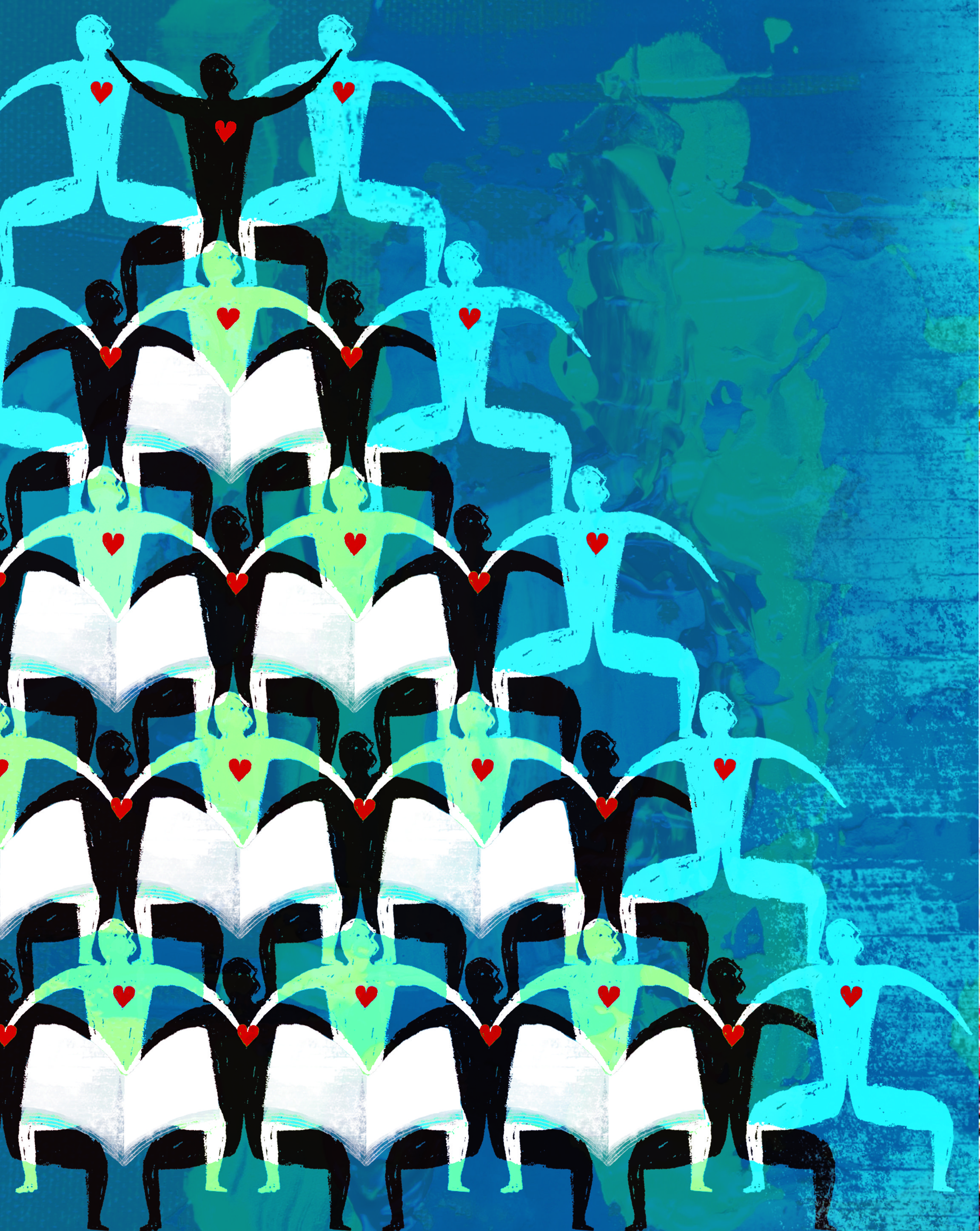 Imagem com o contorno de pessoas empilhadas e com livros no colo. Todas tem um coração vermelho desenhado. Os contornos estão em preto, verde claro e azul.