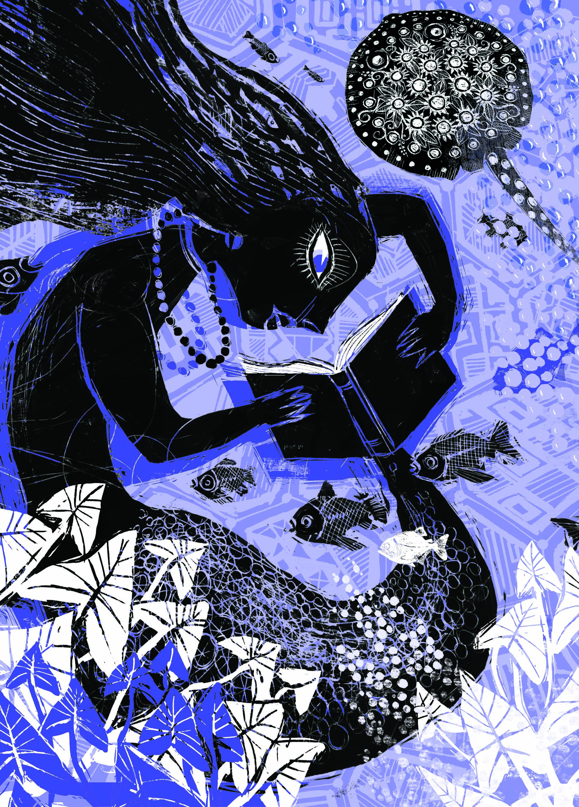 Imagem de uma sereia lendo um livro, ao redor peixes e uma arraia simulando como o fim do mar. A imagem está em tons de roxo, a figura em preto e outros detalhes em branco.