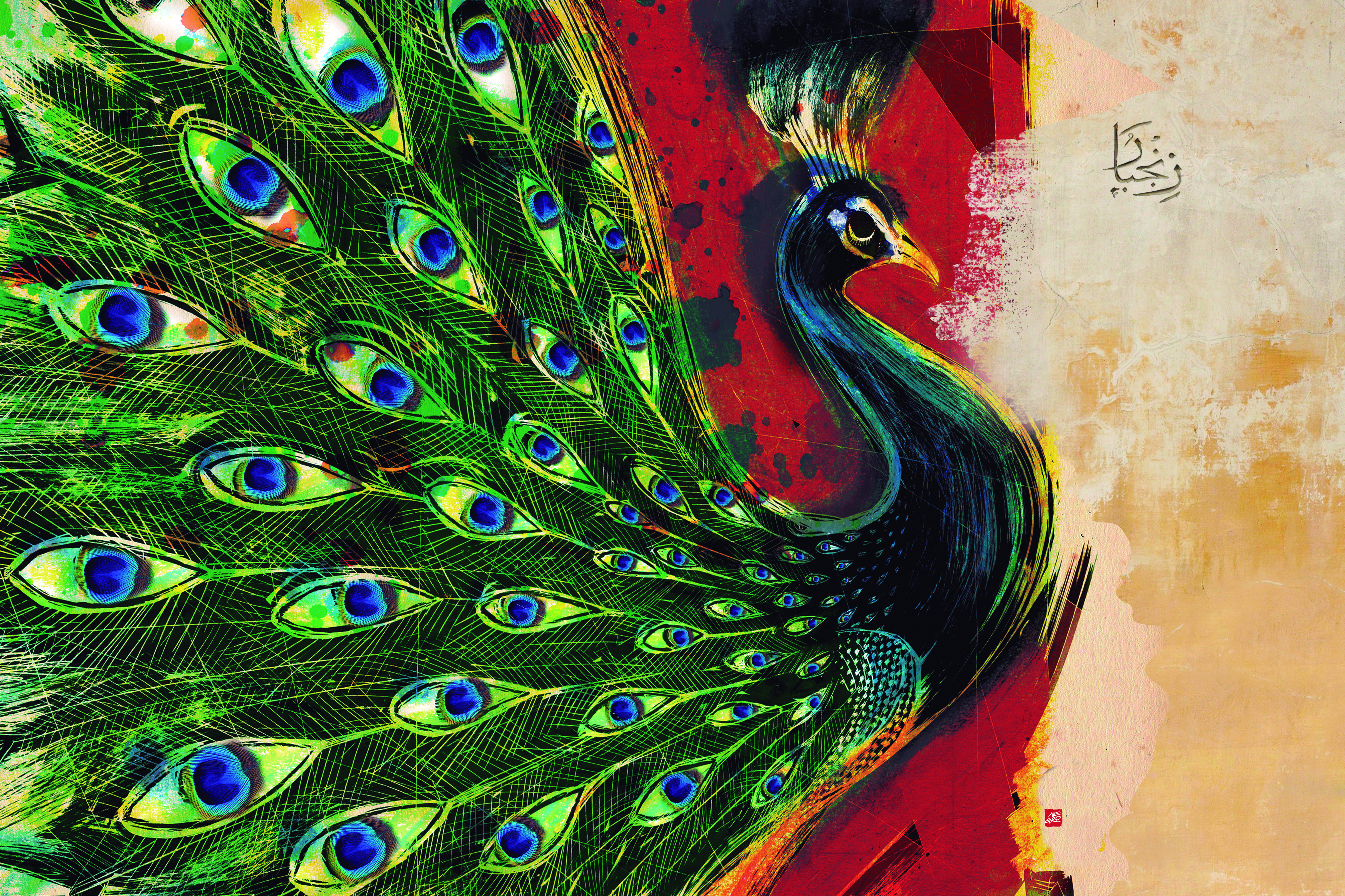 Desenho de um pavão, com a cauda ocupando metade da imagem. O fundo está em tons vermelhos e beges.