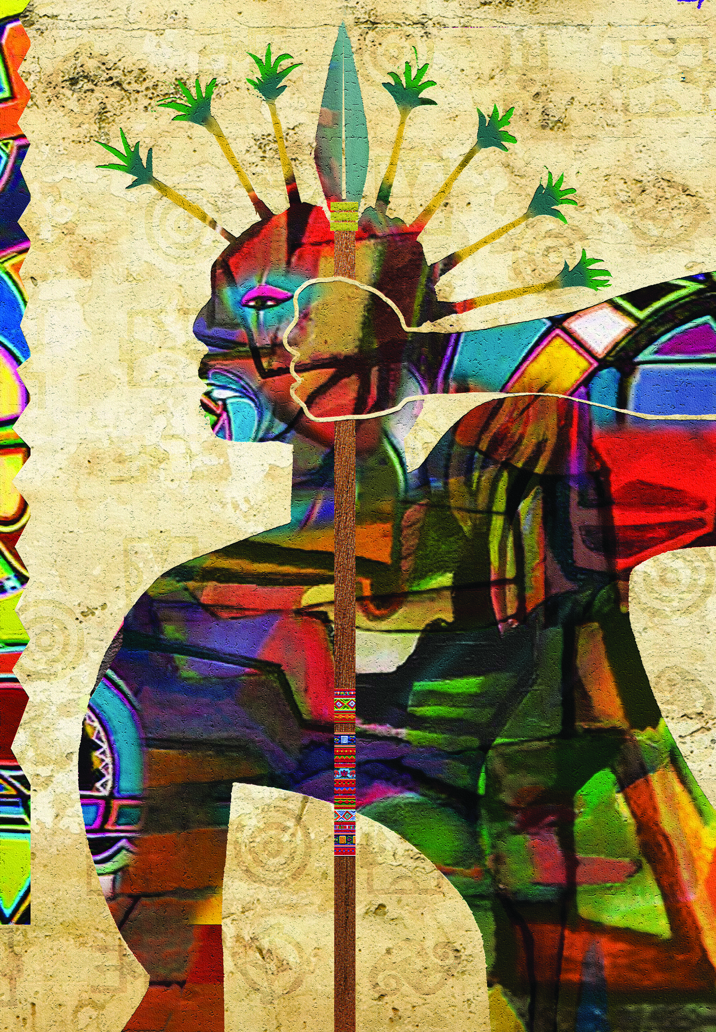 Desenho de representação de Zumbi dos Palmares. Na imagem, há o contorno de homem parado de perfil, segurando uma lança, com olhar para frente, este contorno está preenchimento com uma textura colorida. O fundo está em cores beges.