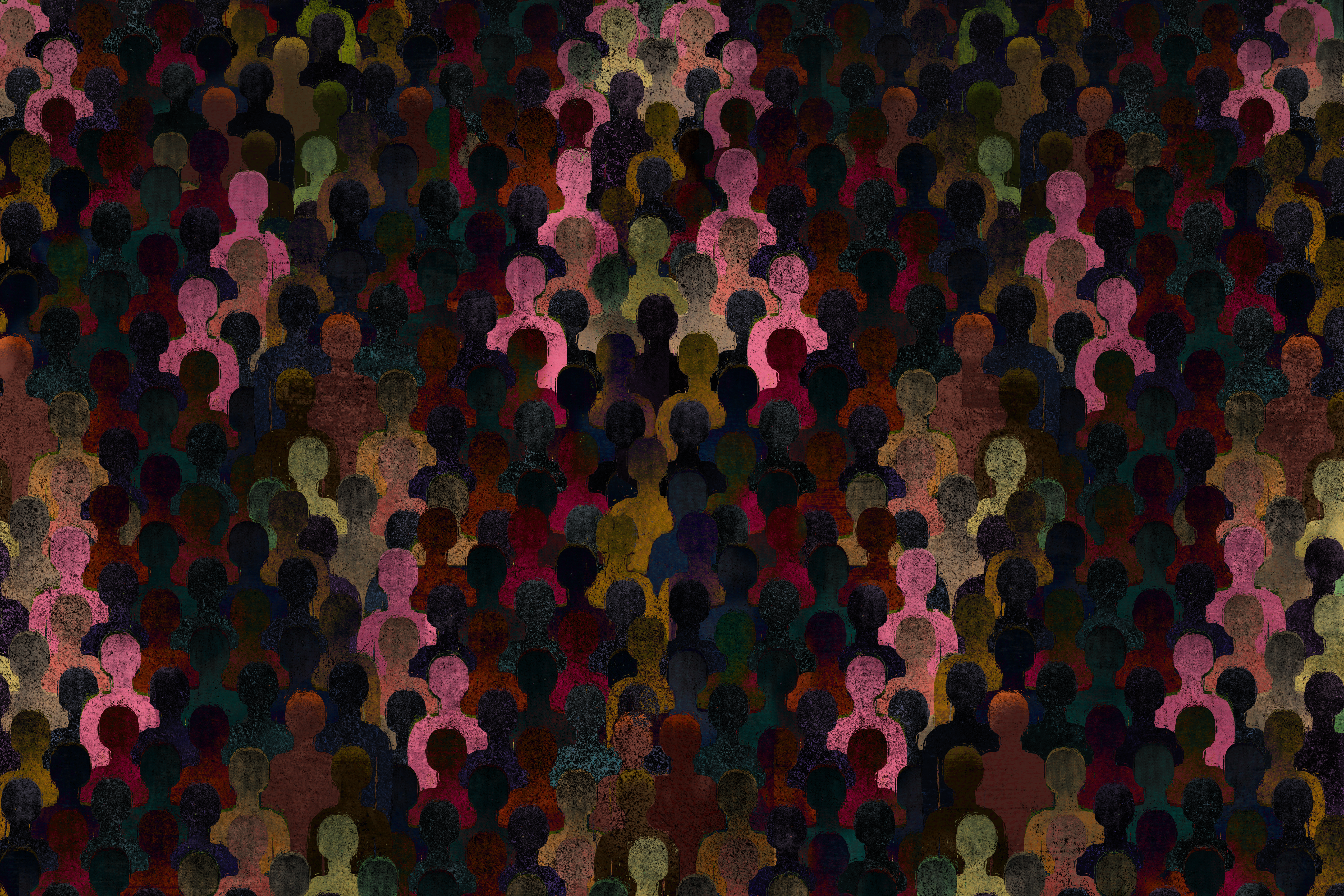 Imagem com o contorno de várias pessoas, em diferentes cores, simulando uma multidão. As pessoas estão, na maioria, em tons escuros, azuis, marrons e rosas.