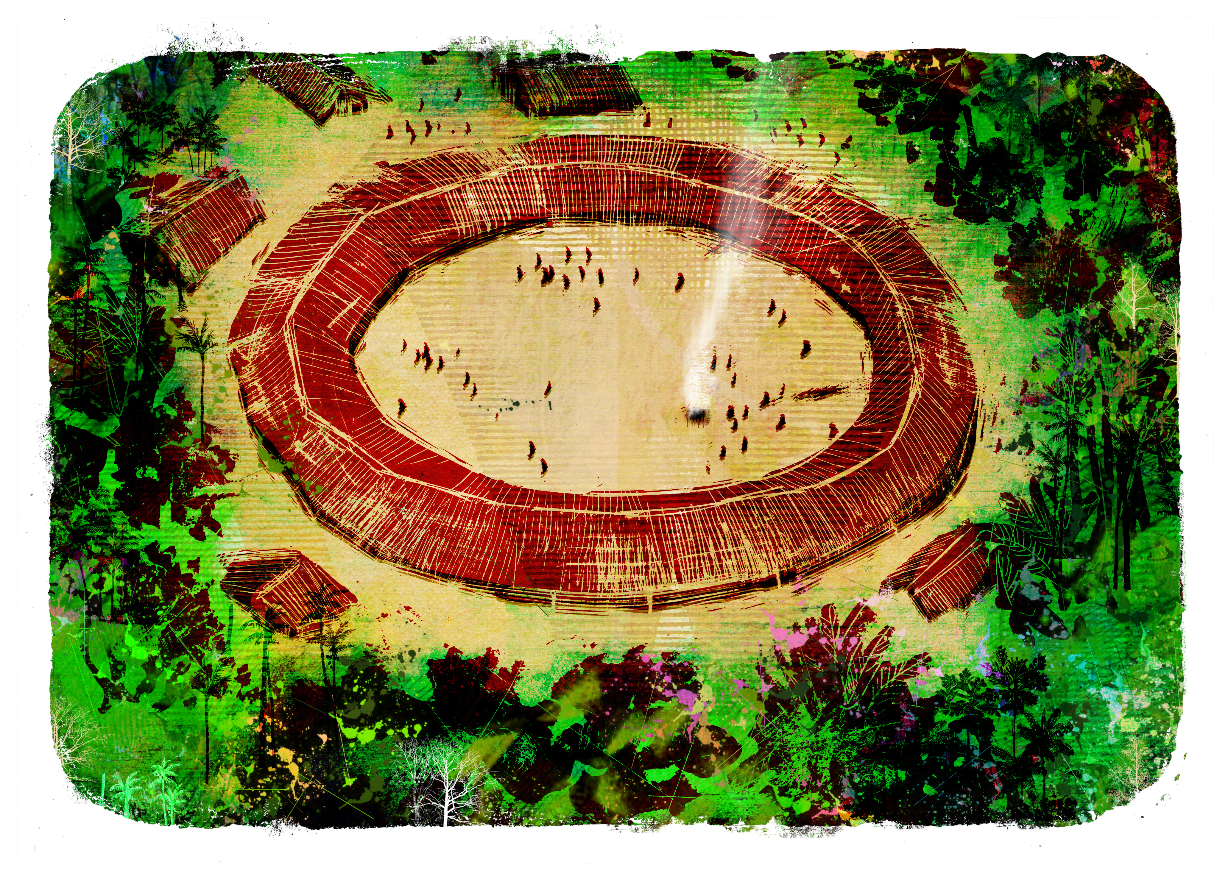 Desenho de uma aldeia yanomami, vista de cima, com uma construção grande em formato de círculo no centro da imagem e outras cinco moradias em volta do círculo. Os telhados são de palha. Ao centro a imagem, têm algumas pessoas em volta de uma fogueira e outras se circulando pela aldeia. Em volta a representação da floresta.