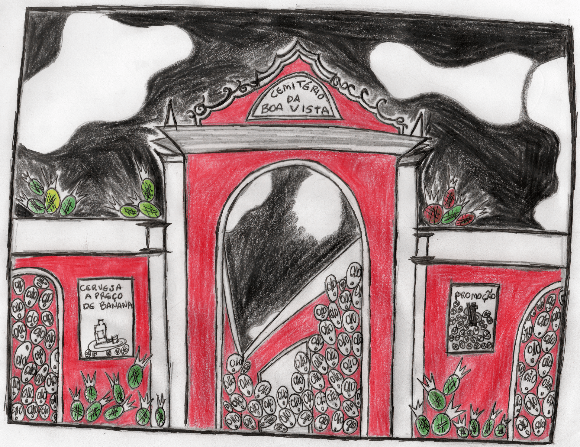 O desenho da fachada do portal do Mercado Boa Vista, no topo do portal está escrito Cemitério da Boa Vista, A fachada está pintada de vermelho, o céu está mesclado de preto. Nas portas e janelas estão com muitas máscaras brancas e abacaxis verdes no chão da fachada.