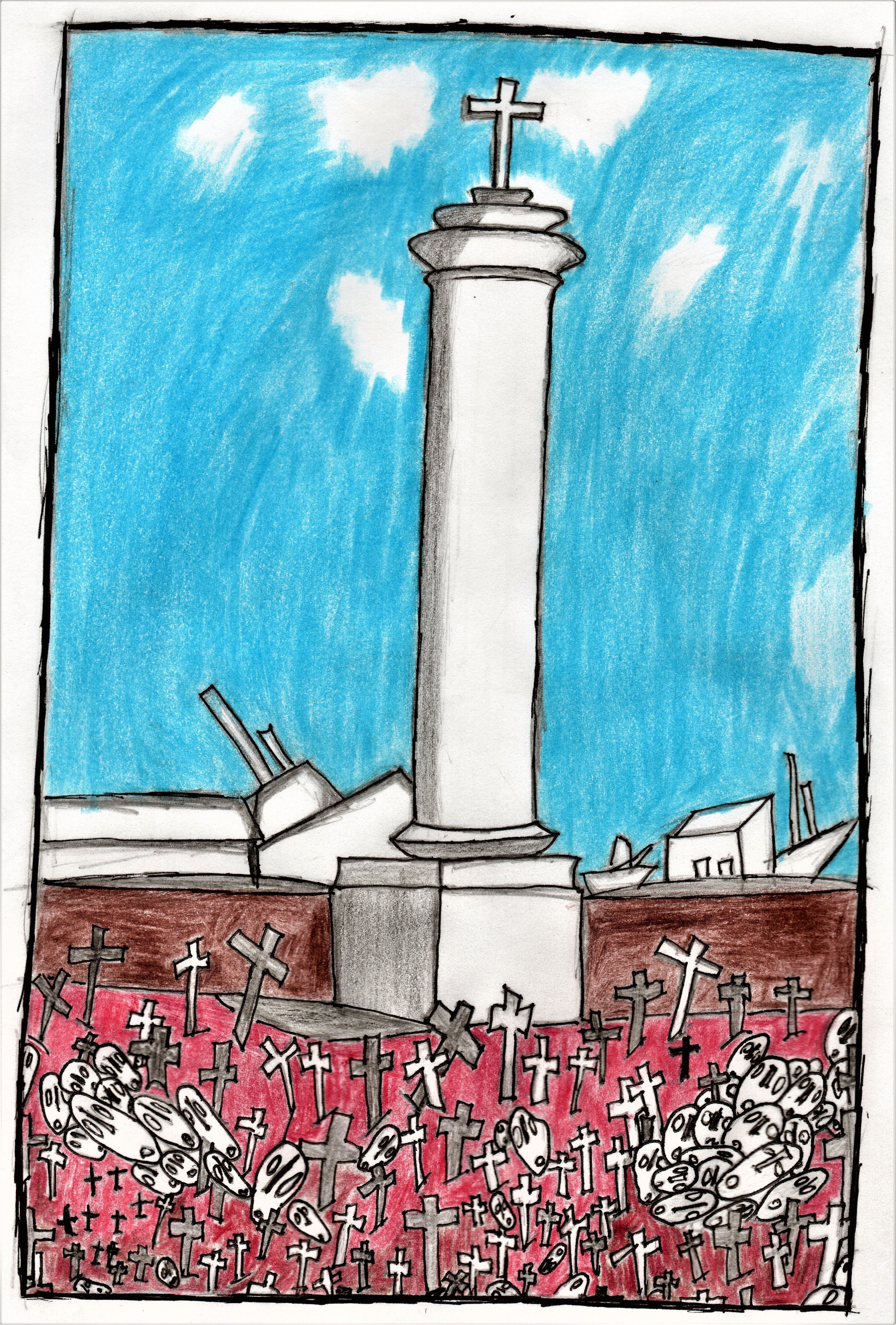 Desenho da construção Cruz do Patrão que fica em Recife (uma torre com uma cruz em seu topo), em um chão vermelho com muitas cruzes e máscaras empilhadas em cada lado. 