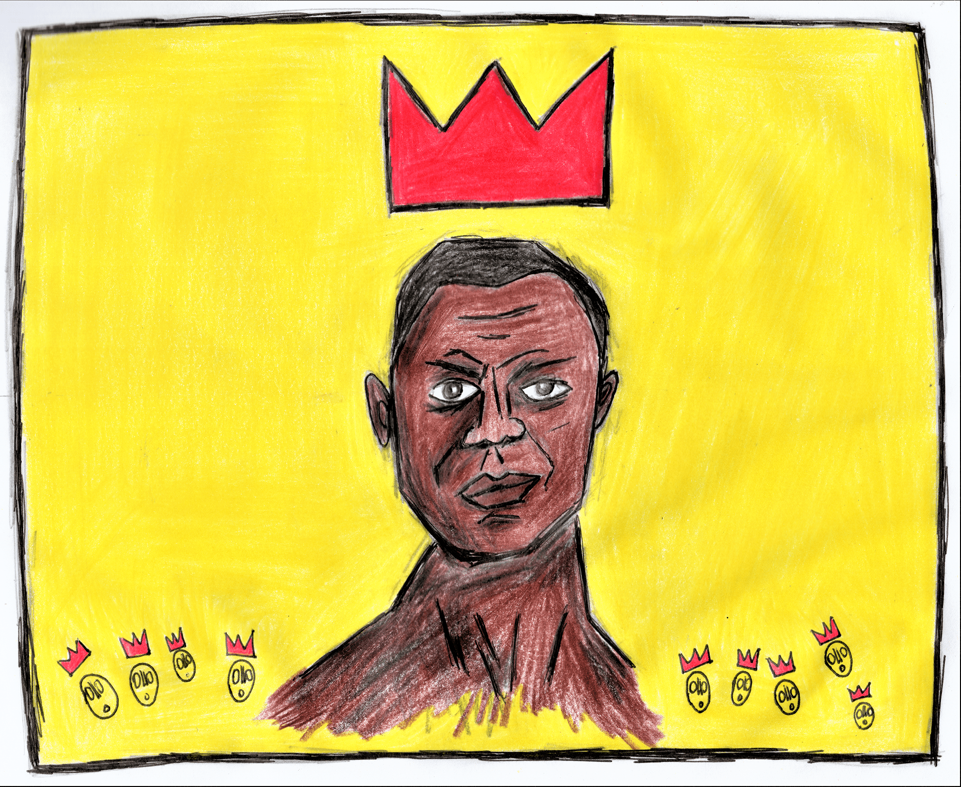 O rosto de um homem negro, com uma coroa vermelha, em um fundo amarelo, abaixo e em cada um dos lados tem mascaras com coroas vermelhas