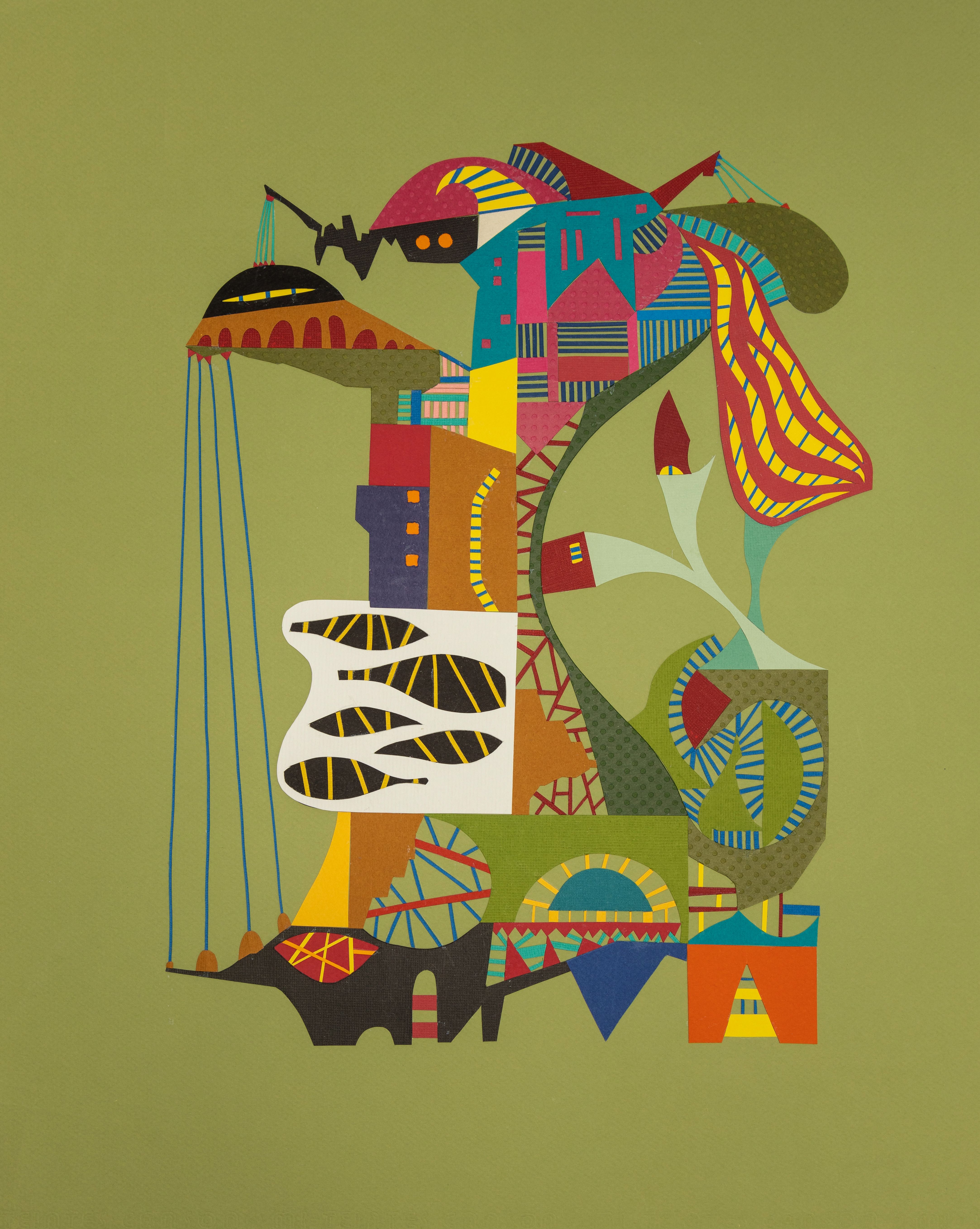 Imagem composta de papéis coloridos que forma uma imagem de um disco voador com raios conectados.