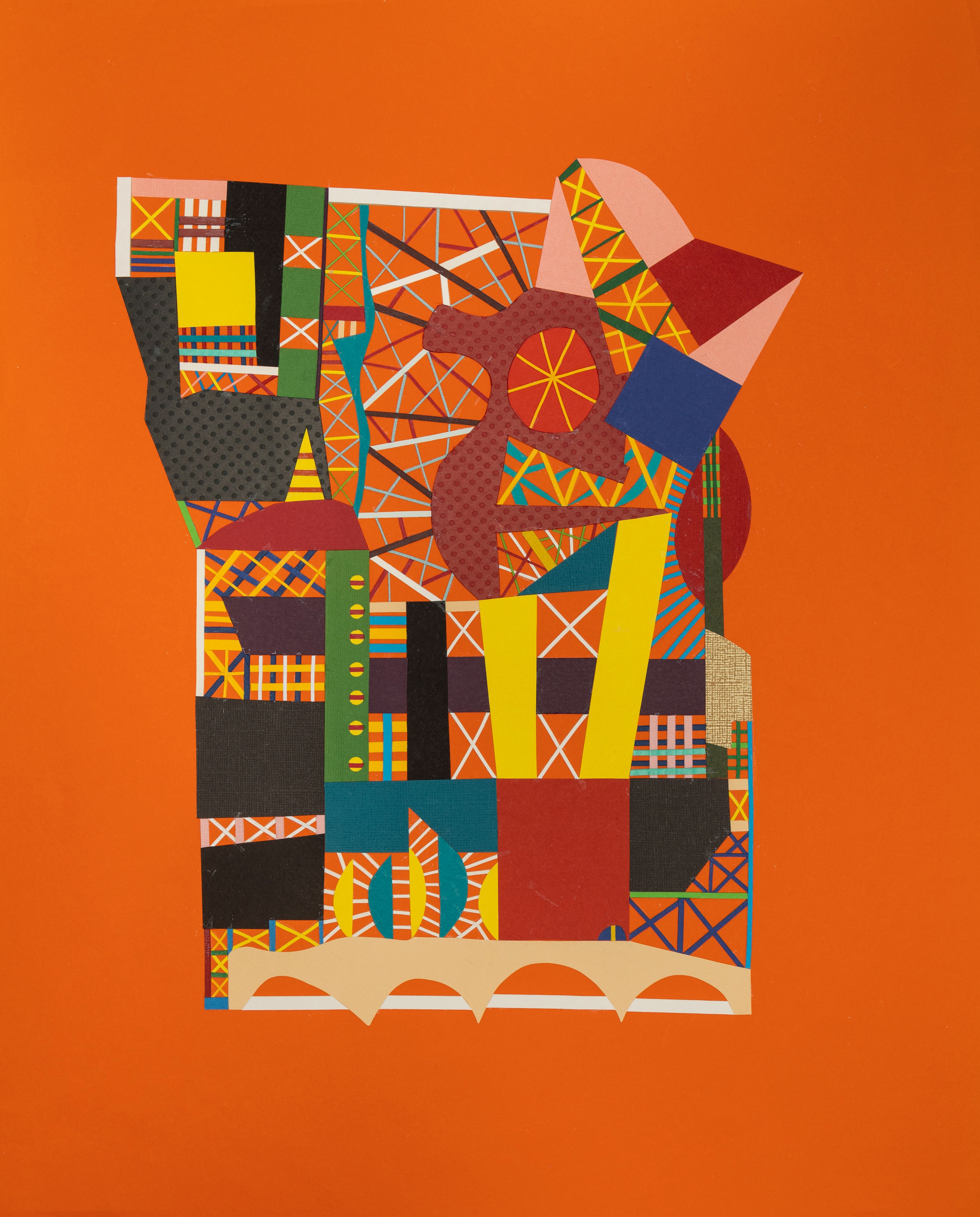 Com fundo de cor laranja a imagem é formada por papéis coloridos que tem vários conectores.