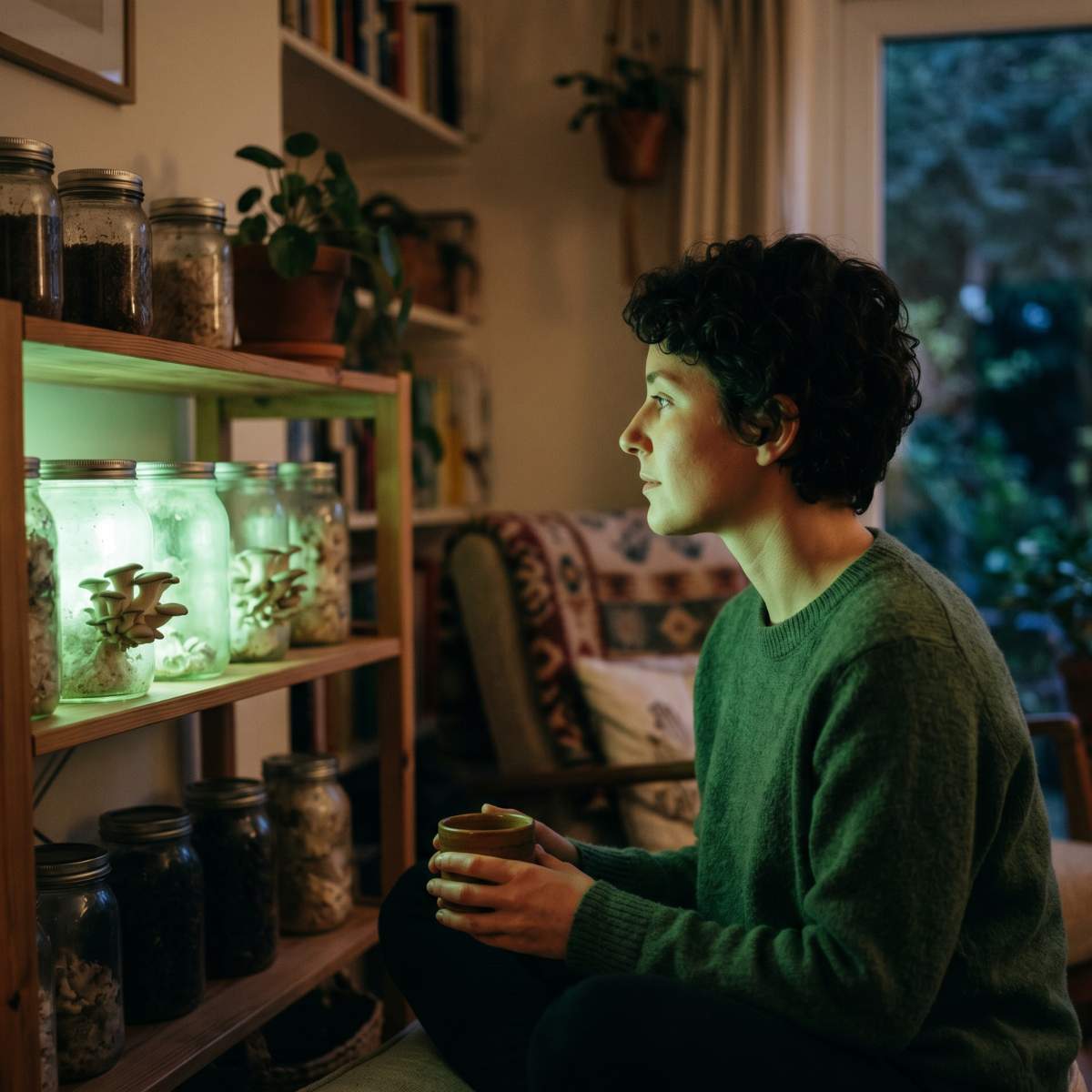 Persona junto a su cultivo doméstico de hongos