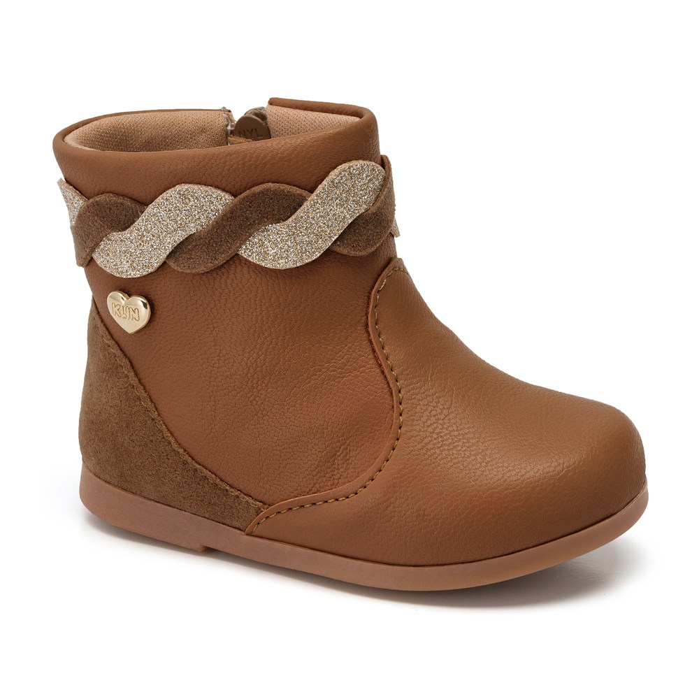 Bota Infantil Feminina Klin Baby Miss Trançado Com Glitter Caramelo