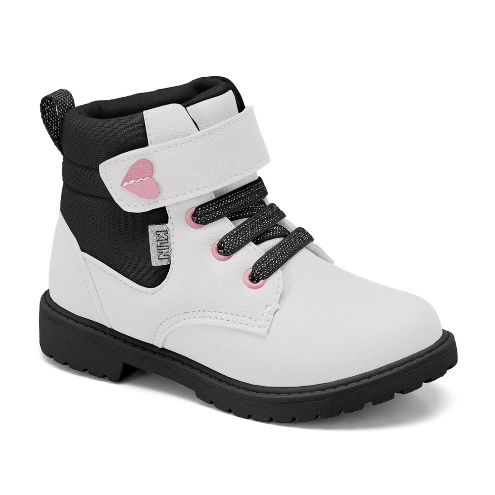Bota Coturno Infantil Feminina Klin Branca com Detalhes Pretos e Rosa