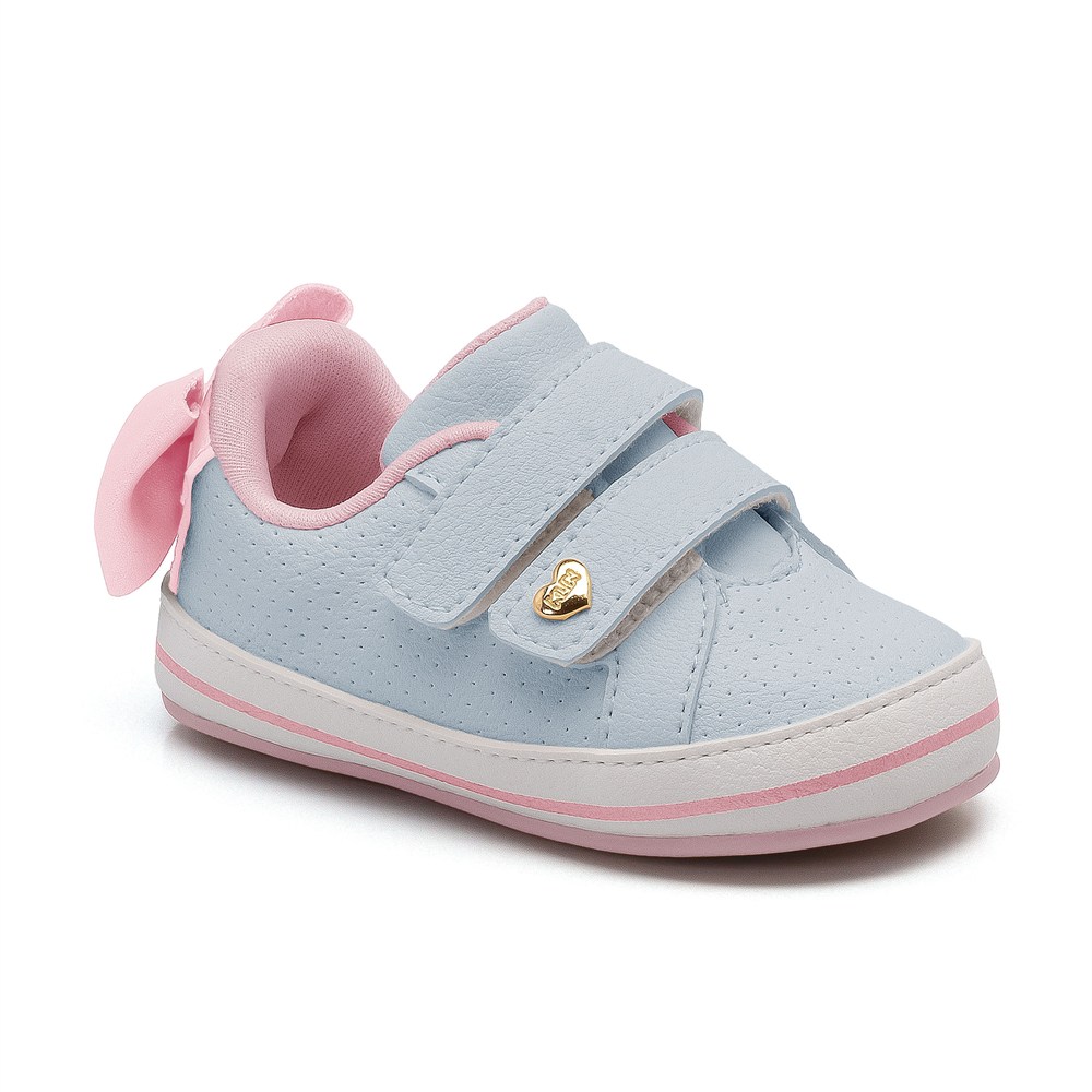 Sapatinho Tênis Fofura Laço Rosa E Velcro Azul Bebê