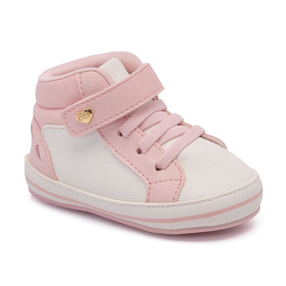 Tênis Botinha Bebê Fofinho Rosa E Branco Com Coração Dourado
