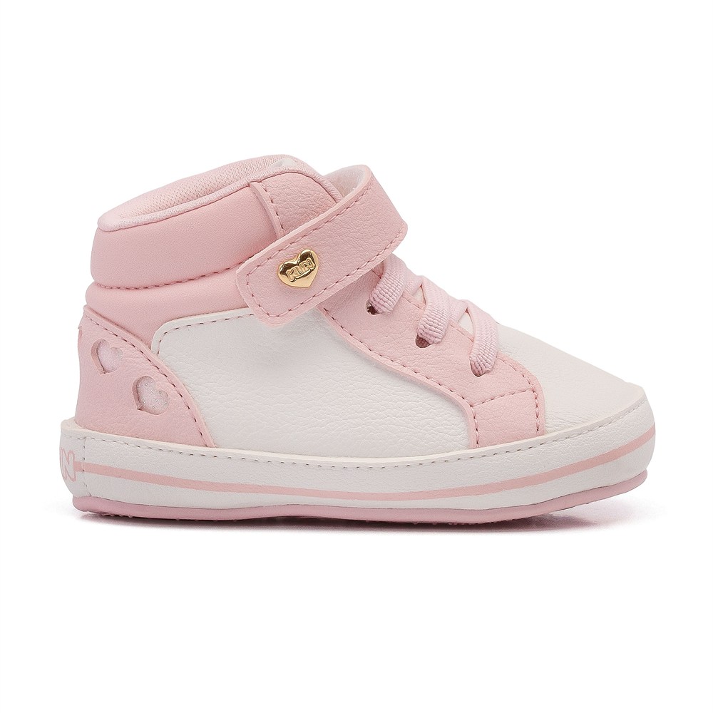Tênis Botinha Bebê Fofinho Rosa E Branco Com Coração Dourado Tênis Botinha Bebê Fofinho Rosa E Branco Com Coração Dourado