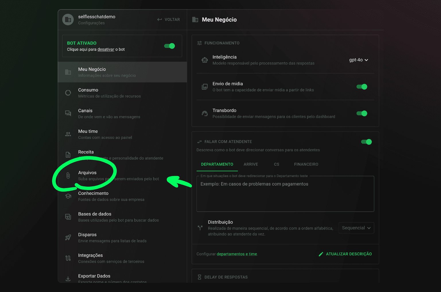 Imagem da dashboard na seleção de configurações com uma seta apontada para a opção Arquivos.
