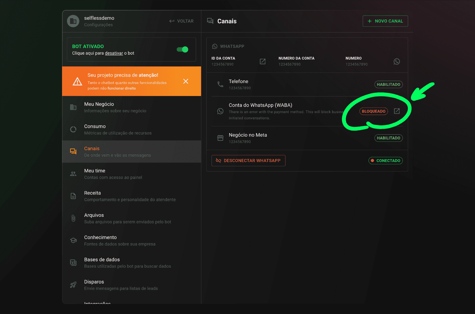 Tela de canais do dashboard do selfless.chat com uma seta apontando para a informação de que a Conta WABA está bloqueada.