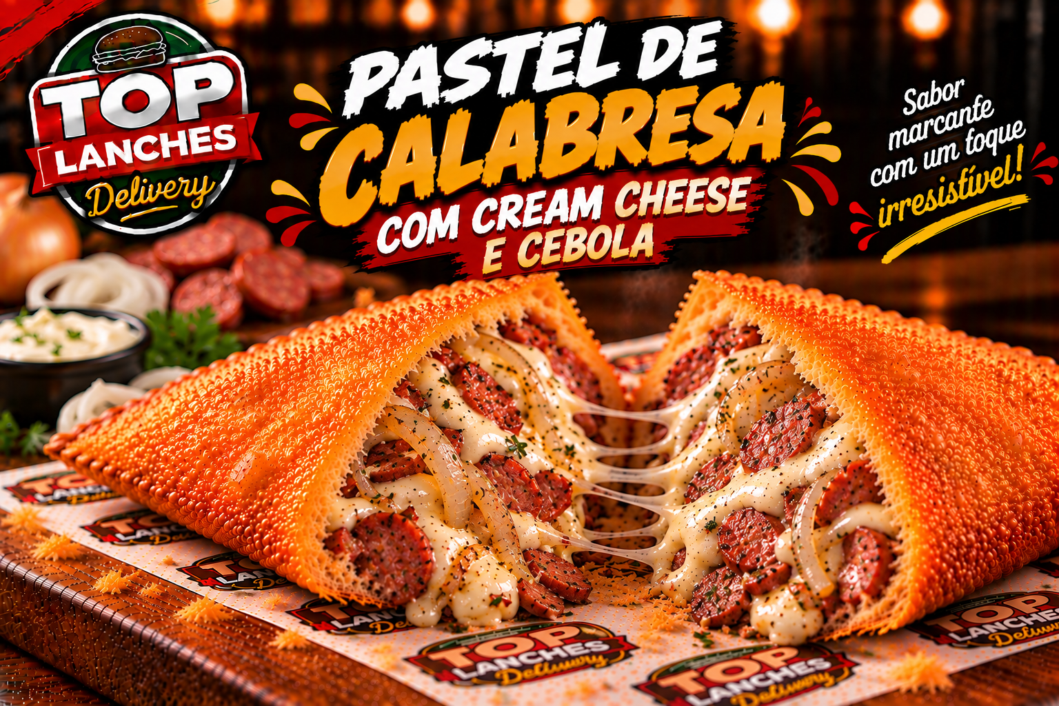 Pastel de Calabresa com Cream Cheese e Cebola